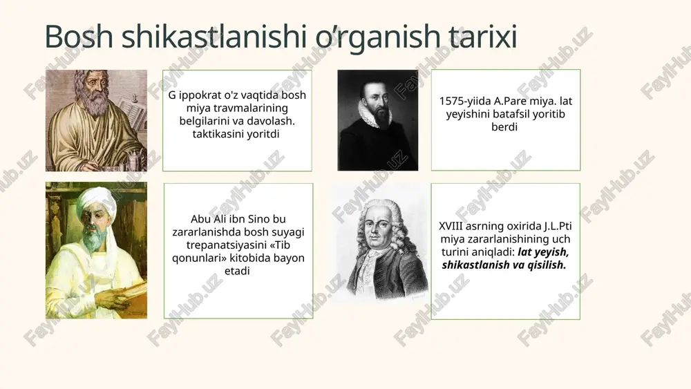 i zararlanadi, ba’zan miya to'qimasi shikastlangan sath proyeksiyasida bo‘lmasdan balki qarama-qarshi miya sathida vujudga keladi, bu holat qarshi urilish belgisi deyiladi. klinikasi: huddi miyya chayqalgandagidek klinik o’zgarishlar kuzatilib, miyya urilishida quyidagi belgilar kuzatiladi - mimika, ko‘rish, gapirish, sezish belgilarining buzilishi, kordinatsiya va harakatdagi o‘zgarishlardan iborat. davolash davolash. miya urilishini davolash xuddi miya chayqalishini davolashga o'xshaydi, ammo o'rinda yotish rejimi uzoqroq davom etadi (o 'rtacha 1 oygacha). falajlik yoki parez rivojlangan bo'lsa, muolajalarning ikkinchi va uchinchi kunlaridan boshlab, davolash jismoniy tarbiya mashqlari olib boriladi. miyya qisilishi miya qisilishi bu kalla suyagi ichida yig'ilgan qon yoki singan kalla suyagi parchasining miya moddasini ezib qo'yishidan iborat. kalla suyagi ichiga qon ketishi 80 foiz hollarda uning tarmoqlarini zararlashi natijasida vujudga keladi, shuningdek 20 foizda venoz sinuslari kalla suyak vena tom irlari butunligining buzilishi natijasida yuzaga keladi. miya qisilishining belgilari ham qon quyilganda (30-40 ml) gematomada ham namoyon bo'lishi mumkin. qon nafaqat miyaning tashqi qavati …