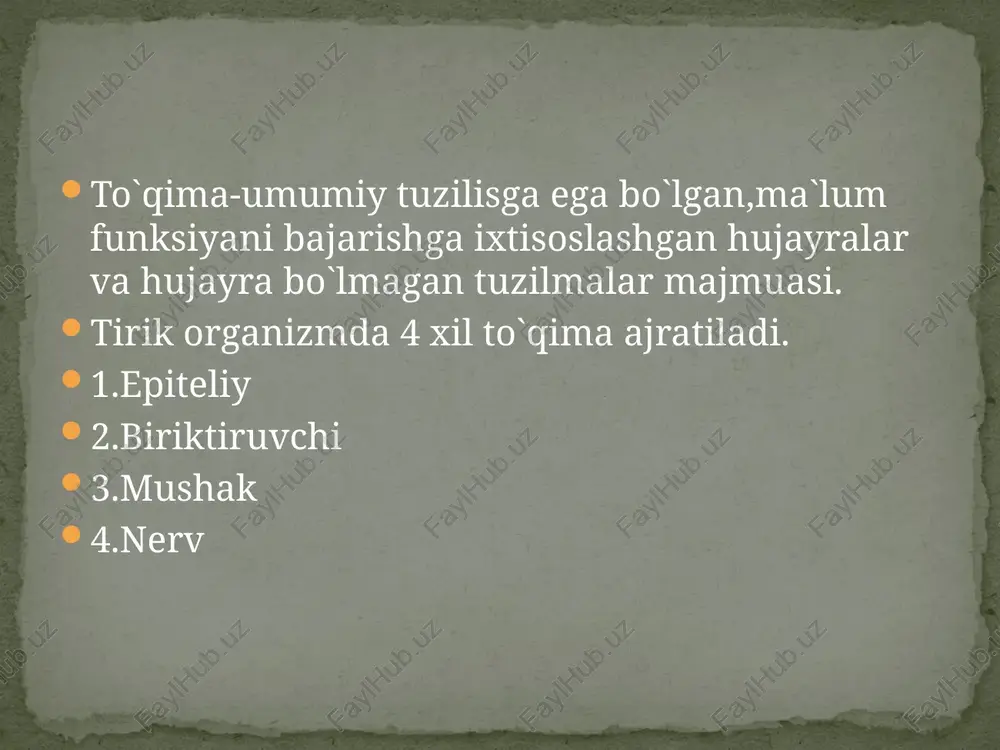 icha va shu sababli yadrolari har xil tekislikda yotadi. joylashuvi:nafas yo`llari devori ( kekirdak) va jinsiy sistema ba`zi sohalari bir qavatli kop qatorli epiteliy kekirdakning bir qavatli kop qatorli kiprikli epiteliysi kekirdakning bir qavatli qo'p qatorli kiprikli epiteliy : 1-kiprikli hujayra, 2-qadoqsimon hujayra, 3-oraliq, 4-bazal, 5-endokrinotsit, 6-bazal membrana, 7-biriktiruvchi 1.ko`p qavatli yassi muguzlanmaydigan(og`iz bo`shlig`i,qizilo`ngach,ko`z muguz pardasi) 2.ko`p qavatli yassi muguzlanmaydigan( teri epidermisi) 3.ko`p qavatli o`zgaruvchan epiteliy( siydik pufagi,siydik yo`llari, buyrak kosachasi va jomi) ko`p qavatli epiteliy ko`p qavatli epiteliy 1 – bazal membrana, 7 – bazal qavat, 8 – oraliq qavat, 9 – yuza qavat, 10 – tikanaksimon qavat, 11 – donador qavat, 12 – yaltiroq qavat, 13 – muguz qavat, 14 –qon kapilyari bezlar-epiteliy to`qimasining hosilasi( gipofiz,epifiz va buyrakusti bezing mag`iz qismidan tashqari) 1.ekzokrin bezlar-bezlar o`z mahsulotini tashqi muhitga chiqarsa(ter bezlari,hazm sistemasi bezlari) 2.endokrin bezlar-o`z mahsulotini qon yoki limfaga chiqarsa (qalqonsimon,gipofiz, epifiz, jinsiy bezlar buyrak usti bezi va boshqalar) …