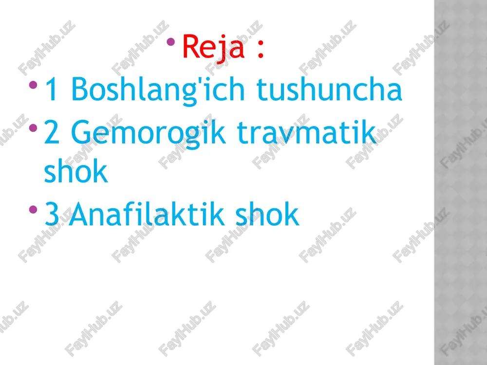 n ketishi bo'lsa, tezda tibbiy yordamga murojaat qilish zarur. 2 iv suyuqliklar: shok holatida organizm suyuqlik yo'qotishi mumkin, shuning uchun infuzion terapiya (iv suyuqlik kiritish) zarur. bu nafaqat qon hajmini tiklashga, balki organlarga yetarli miqdorda kislorod yetkazilishiga yordam beradi. 3 . shokni nazorat qilish: bemorni yotqizib, oyoqlarini ko'tarish. bu qon aylanishini yaxshilashga yordam beradi. nafas olishni nazorat qilish, agar kerak bo'lsa, sun'iy nafas olish yoki kislorod berish. 4 tez tibbiy yordam chaqirish: gemorragik shok ko'pincha hayot uchun xavf tug'diradi, shuning uchun bemorni tezda shifoxonaga olib borish kerak. 2—. anafilaktik shok anafilaktik shok — bu organizmning allergik reaktsiyasi natijasida yuzaga keladigan jiddiy holat bo'lib, tezda rivojlanib, organizmning bir qator tizimlarini buzishi mumkin. anafilaksiya odatda dori-darmonlar, oziq-ovqatlar, hayvonlar chaqishi, yoki boshqa allergenlar bilan aloqada bo'lishdan keyin yuzaga keladi. anafilaktik shokning belgilarini aniqlash: anafilaktik shokning sabablari: dori-darmonlar: penitsillin, sulfonamidlar, novokain, aspirin va boshqa dorilar. oziq-ovqatlar: yashil sabzavotlar, qozilar, bodom, yong'oq, sut, dengiz mahsulotlari. …