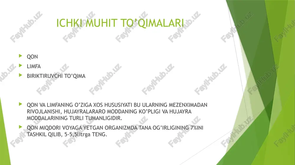 rok etuvchi protrombin va fibrinogen kabi oqsillardan iborat bo‘ladi. γ-globulinlar, ular immunoglobulinlar (antitanachalar) hisoblanib, periferik immun azolarda plazmatik xujayralar tomonidan sintezlaniladi. fibrinogen, qon plazmasining eng yirik oqsili hisoblanadi (340 kda), jigarda ishlab chiqariladi, qon ivishida ishtirok etadi. qonning ivishi jarayonida u polimerizatsiya bo‘lib, fibrin tolalariga aylanadi, hamda qon tomirni devorini yopib, qonni tashqariga chiqishiga to‘sqinlik qiladi. qonning shaklli elementlari eritrositlar (qizil qon tanachalari) leykositlar (oq qon tanachalari) trombositlar (qon plastinkalari) eritrositlar odamda va boshqa sut emizuvchi hayvonlarda eritrotsitlar yuqori darajada differensiallashgan elementlar bo’lib, ularda yadro va hujayra organellalari bo’lmaydi. tuban umurtqalilar va qushlarda eritrotsitlar zichlashgan yadro va mikronaychalar saqlaydi. eritrotsitlar eng ko’p sonli qon hujayralari hisoblanadi. sog’lom erkaklarda ularning soni 1mm²qonda 4,0-5,5 mln (xalqaro birliklar 4,0— 5,5 10¹²/l), ayollarda esa 4,0— 5,0 mln (4,0-5,0 10¹²/l)ga tengdir. chaqaloqlarda ya 60 yoshdan oshgan kishilarda eritrotsitlar soni 6— 6,5 mlnga yetishi mumkin. siyraklashgan atmosferada, kuchli jismoniy mehnat paytida ham eritrotsitlaming soni ortishi mumkin. …