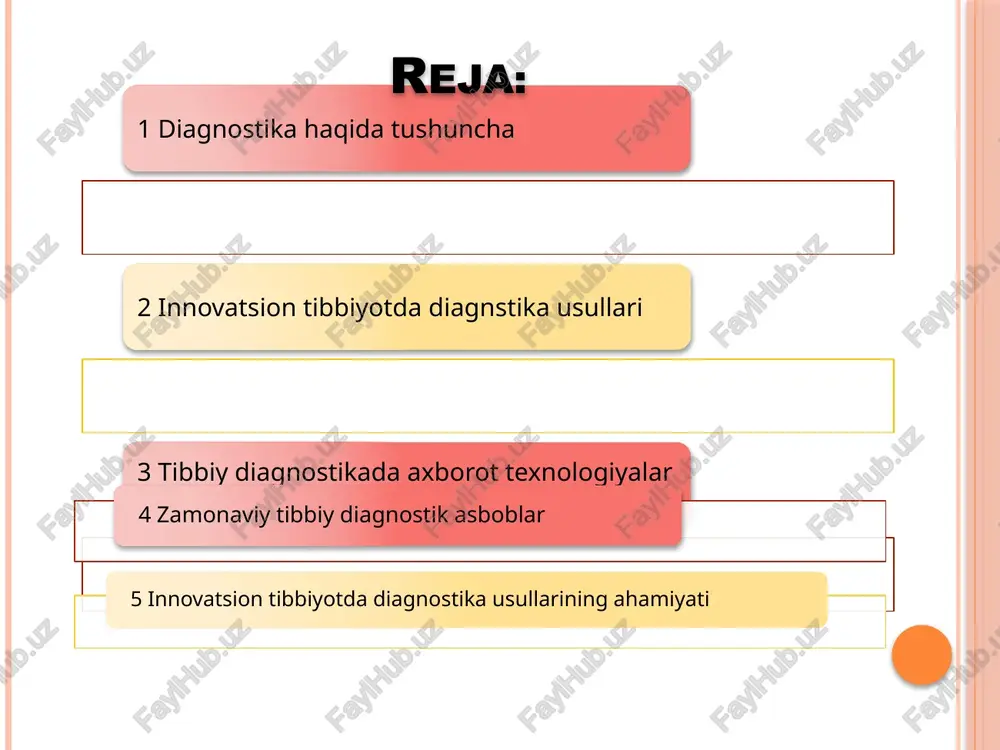 i beradi desak mubolog`a bo`lmaydi sog`liqni saqlashda tibbiy texnologiyalarning afzalliklari rivojlanib borayotgan tibbiy asbob – uskunalar sohasida bir qator innovatsiyalar va yangi texnologiyalar aydo bo`lmoqda bu asbob – uskunalar, asosan bemorlarni davolash, diagnostika qilish va sog`liqni saqlash jarayonlarini yaxshilash maqsadida ishlab chiqilmoqda quyida ba`zi muhim yo`nalishlar va yangiliklar keltirilgan: 1 telemeditsina 2 sun`iy intellekt 3 weareble texnologiyalar 4 3d bosma tibbiy asboblar 5 robototexnika 6 genetik tahlil va personalizatsiya 7 mobil ilovalar rentgen apparatida asosan skelet travmalari, o`pka buyrak va hazm qilish sistemalari tekshiriladi zamonaviy rentgen asboblari tasvir sifatini yaxshilash va radiatsiya ta`sirini kamaytirish uchun ilg`or tasvirlash texnologiyasidan foydalanadi rentgen asboblari intruziv protseduralarsiz batafsil tasvirlarni taqdim etadi rentgen asbobi turlari: tibbiy rentgen asbob uskunalari sanoat radiografiya tizimlari rentgen kristallografiya asboblari e`tiboringiz uchun rahmat! image2.png image6.jpeg image7.jpeg image8.jpeg image9.jpeg image10.jpeg image11.png image12.png image13.png ' na > 070, r9q 2 | @pleting a is /docprops/thumbnail.jpeg innovatsion tibbiyotda diagnostika usullari va oo ularning …