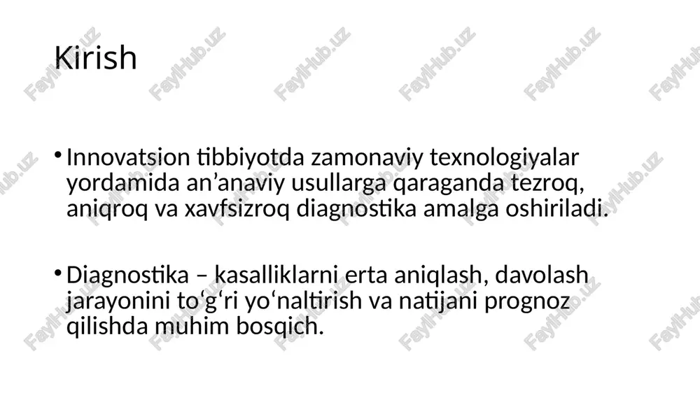 tibbiyotning ajralmas qismi bo‘lib, ular bemor hayot sifatini yaxshilash, davolash samaradorligini oshirish va sog‘liqni saqlash tizimini takomillashtirishda muhim ahamiyatga ega. image1.png image2.png image3.png image4.png image5.png image6.png image7.png image8.png mindray /docprops/thumbnail.jpeg =) innovatsion tibeiyotda diagnostika usullari va, 3) puularning ahamiyatt