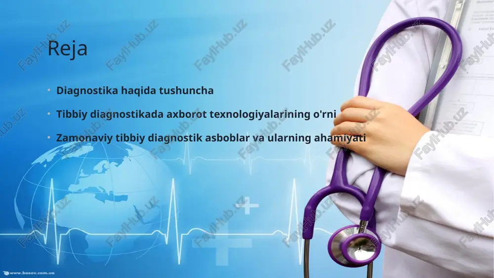 lliklarning patofiziologiyasi va tashxis qilish tamoyillariga asoslangan. bu bilimlar yordamida diagnostika aniq va ishonchli bo’ladi. 04 amaliy tajriba amaliy diagnostika jarayonida tibbiy asboblar va texnologiyalar qo’llanadi. bu usullar yordamida kasalliklar erta bosqichda aniqlanib, samarali davolash amalga oshiriladi. axborot texnologiyalarining tibbiy diagnostikadagi rivojlanishi va zamonaviy imkoniyatlar 1 ma'lumotlar bazalari rivojlanishi zamonaviy tibbiyotda katta ma'lumotlar bazalari va ma'lumotlarni tahlil qilish texnologiyalari diagnostika jarayonlarini tezlashtiradi va aniqligini oshiradi. 2 sun’iy intellekt imkoniyatlari sun’iy intellekt va mashina o‘rganish algoritmlari kasalliklarni erta aniqlash va individual davolash rejasini ishlab chiqishda muhim rol o‘ynaydi. 3 raqamli tibbiyot asboblari zamonaviy tibbiy asboblar, masalan, yuqori aniqlikdagi diagnostik qurilmalar va imaging texnologiyalari, kasalliklarni aniqlashda innovatsion yondashuvlar taqdim etadi. elektron sog‘liqni saqlash tizimlari va diagnostika jarayonlaridagi roli elektron sog‘liqni saqlash ma'lumotlar integratsiyasi innovatsion imkoniyatlar elektron sog‘liqni saqlash tizimlari bemor ma'lumotlarini xavfsiz saqlash, boshqarish va uzatishni osonlashtirib, diagnostika jarayonlarini tezlashtiradi. bu tizimlar turli tibbiy ma'lumotlarni birlashtirib, shifokorlarga to‘liq va aniq diagnostika qilish …