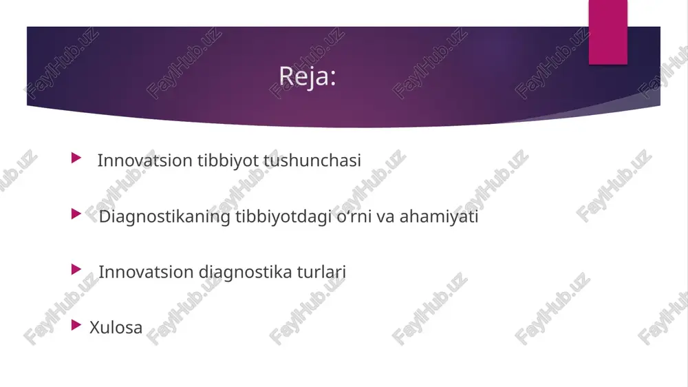 arni davolashda, anʼanaviy koʻz tekshiruvlardan 100 barobar aniqroq natija beradi. saraton hujayralarini aniqlash uchun ishlatiladi. odam organizmiga maxsus malekulalar yuboriladi, ular faqat kasallangan hujayralar bilan bogʻlanib, yorugʻlik chiqaradi. elektromagnit toʻlqinlari asosida diagnostika – bu texnalogiya elektromagnit nurlanish orqali ichki organlarni tekshirish imkonini beradi. radiatsiyasiz va zarar yetkazmaydigan elektromagnit nurlar yordamida organizmni tekshirish. bioelektrik va bioximik diagnostika – bu usul organizmdagi bioelektrik signallarni yoki kimyoviy tarkibini oʻlchash orqali kasalliklarni aniqlashga asoslangan. xulosa innovatsion diagnostika nafaqat tibbiyotda inqilob qilmoqda, balki insonlarning hayot sifatini yaxshilashga ham xizmat qilmoqda. har yili yangi texnologiyalar paydo boʻlib tashxis qoʻyish jarayoni yanada aniq, tezkor va qulay boʻlmoqda. image1.jpeg image2.jpeg image3.jpeg image4.jpeg /docprops/thumbnail.jpeg innovatsion tibbiyotda diagnostika usullari va ularning ahamiyati