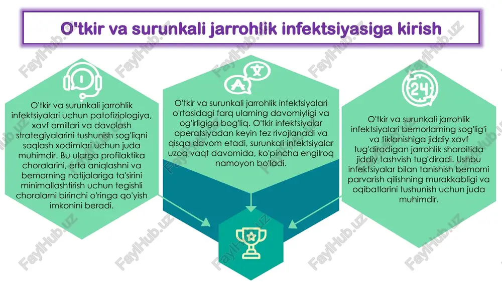 ining diagnostikasi va tasnifi ushbu slaydda o'tkir va surunkali jarrohlik infektsiyalari mavzusi o'rganilib, ushbu infektsiyalarning tashxisi va tasnifiga e'tibor qaratiladi. u o'tkir va surunkali infektsiyalar o'rtasidagi farqlarni, shuningdek, tashxis qo'yish uchun qo'llaniladigan turli usullarni chuqur tahlil qiladi. jarrohlik infektsiyalarining tasnifini tushunish sog'liqni saqlash sohasi mutaxassislari uchun juda muhimdir, chunki bu bemorlarni to'g'ri boshqarish va davolash imkonini beradi. slayd, shuningdek, ushbu infektsiyalarga tashxis qo'yish bilan bog'liq muammolarni o'rganib chiqadi va erta aniqlash va aralashuvning muhimligini ta'kidlaydi. tegishli ma'lumotlar va tushunchalarni taqdim etish orqali ushbu slayd tinglovchilarning o'tkir va surunkali jarrohlik infektsiyalari haqidagi bilimlari va tushunchalarini oshirishga qaratilgan bo'lib, natijada bemorlarga yordam ko'rsatish va natijalarni yaxshilashga hissa qo'shadi. davolash o'tkir jarrohlik infektsiyalari zudlik bilan aralashuvni talab qiladi, ko'pincha jarrohlik yo'li bilan tozalash va bakteriyalarning tez tarqalishiga qarshi kurashish uchun kuchli antibiotiklarni o'z ichiga oladi. ushbu agressiv yondashuv tizimli asoratlarni oldini olishga va tez shifo berishga qaratilgan. 1 surunkali jarrohlik infektsiyalari uchun ko'pincha …