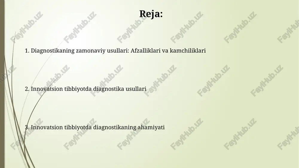 arni erta aniqlashga yordam beradi, masalan, brca1/2 genlari mutatsiyasi orqali ko'krak saratonini aniqlash. suyuq biopsiya saraton kasalliklarini aniqlashning innovatsion usuli bo'lib, qonda aylanib yuruvchi o'sma hujayralari (ctc) va o'sma dnksi (ctdna)ni tahlil qiladi, invaziv biopsiyalarga alternativa yaratadi. nanotexnologiyalar diagnostikada nanotexnologiyalar yordamida 1-100 nanometr o'lchamdagi nanozarrachalar, masalan, oltin nanozarrachalari, saraton hujayralarini nishonga olish uchun ishlatiladi. nanotexnologiyalar asosida yaratilgan biosensorlar qon, siydik kabi biologik suyuqliklarda diagnostik ma'lumotlarni tez va aniq olish uchun qo'llaniladi, natijada 15 daqiqada javob olish mumkin. innovatsion tibbiyotda diagnostika usullarining evolyutsiyasi 1980-yillarda mrt va kt kabi usullar paydo bo'lishi, invaziv bo'lmagan vizualizatsiyani ta'minlab, jarrohliksiz aniq tashxis qo'yish imkonini berdi. sun'iy intellekt va mashinaviy o'rganish natijalari tahlil qilishni tezlashtirib, aniqlikni oshirdi; radiologiyada ai tasvirlarni tahlil qilib, shifokorlarga yordam beradi. biomarkerlar va erta diagnostika biomarkerlar molekulyar belgilar bo'lib, erta diagnostikada kasallikning dastlabki bosqichlarini aniqlashda muhim rol o'ynaydi, masalan, saraton markerlari. erta tashxis uchun biomarkerlardan foydalanish, masalan, yurak-qon tomir kasalliklarida troponin i …