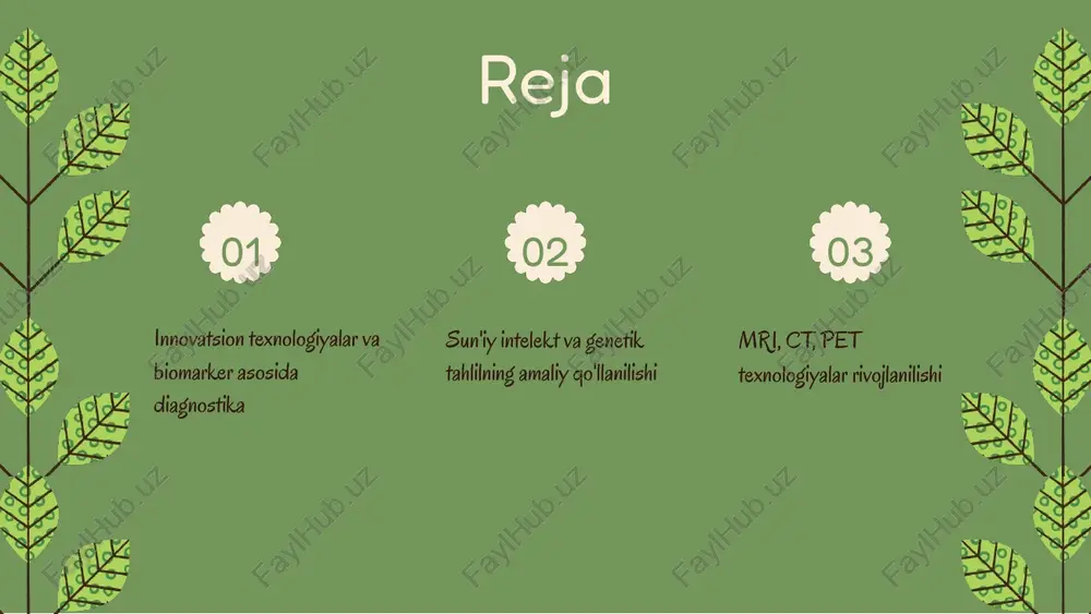 oyillar mri magnit maydon va radiolarni ishlatadi, yuqori aniqlik va bo‘laklarni ko‘rsatishda afzal. ct tez va aniq tasvirlar olish uchun rentgen nurlarini ishlatadi, murakkab joylarni ko‘rsatishda qulay. pet texnologiyasi va tibbiyotdagi o‘rni pet metabolik jarayonlarni kuzatadi, ayniqsa saratonni aniqlashda muhim rol o‘ynaydi. bu texnologiyalar diagnostika imkoniyatlarini kengaytirib, birgalikda tibbiyotda muhim o‘rin tutadi. 1970-yillarda ct texnologiyasi ishlab chiqildi. 1970 1977-yilda mri paydo bo'ldi, yuqori aniqlik bilan. 1977 1980-yillarda pet texnologiyasi keng qo'llanila boshladi. 1980 2000-yilga kelib, texnologiyalar diagnostikani yaxshiladi. 2000 xulosa innovatsion diagnostika usullari tibbiyot sohasida katta rivojlanishga olib keldi, biomarkerlar, sun'iy intellekt va yangi texnologiyalar yordamida aniqlik va tezlik oshdi. biomarkerlar kasalliklarni erta aniqlashda muhim rol o'ynaydi, shuningdek, shaxsiy davolash imkoniyatlarini kengaytiradi. sun'iy intellekt va genetik tahlil diagnostika jarayonlarini avtomatlashtirish va prognoz qilishda muhim yordamchi bo'lib, tibbiyotda yangi imkoniyatlar ochmoqda. 1 2 3 e'tiboringiz uchun rahmat! designed by slides carnival image1.png image2.png image3.png image4.png image5.png image16.jpeg image8.png image9.png image10.png image11.png …