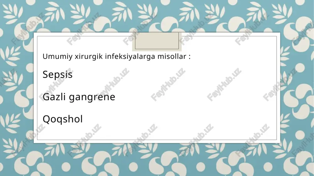 an farqli ravishda sepsisda intoksikatsiya yiringli o'choqqa birmuncha kam bog'liq bo'ladi, shu boisdan birlamchi yallig'lanish o'chog'i jarrohlik yo'li bilan bartaraf etilganda ham bemorning umumiy ahvoli yaxshilanmaydi. sepsisni yuqumli kasalliklar (ich terlama, brutseliyoz, bezgakjdan, disseminatsiyalashgan siidan, o'tkir gematogen osteomiyehtdan va qon ivishiga aloqador kasallikdan (bunda tom ir devorining toksik jarohatlanishi va uning o'tkazuvchanligi yuz beradi) ajrata bilish lozim. anaerob (gazli) gangrene etiologiyasi: anaerob gangrenani sporali klosstridiyalar: cl. perfringens. cl. oedimatiens. cl. septicum. cl. hystoliticus keltirib chiqaradi. tasnifi: 1. bakteriologik t a ’rifi va xastalikning kechish: emfizematoz formasida (19,7 foiz) shishdan ko'ra ko'proq gaz paydo bo'ladi, uning qo'zg'atuvchisi - kl. perfringensdir. shishli (toksik) formasida (34,1 foiz) kl. oyedematiyens qo'zg'atib, kuchli toksikoz bilan kechadi, gaz to'planishidan to'qimalar shishi ko'proq kuzatiladi. aralash formasida (23,2 foiz) toksin va gaz hosil qiiuvchi anaeroblar assotsiatsiyasi sabab bo'ladi. shish va emfizema baravariga kuzatiladi. nekrotik formasi (9,3 foiz) to'qim alar yemirilishi bijan t a ’riflanib, qo’zg‘atuvchisi kl, sporogeniyesdir. flegmonoz …