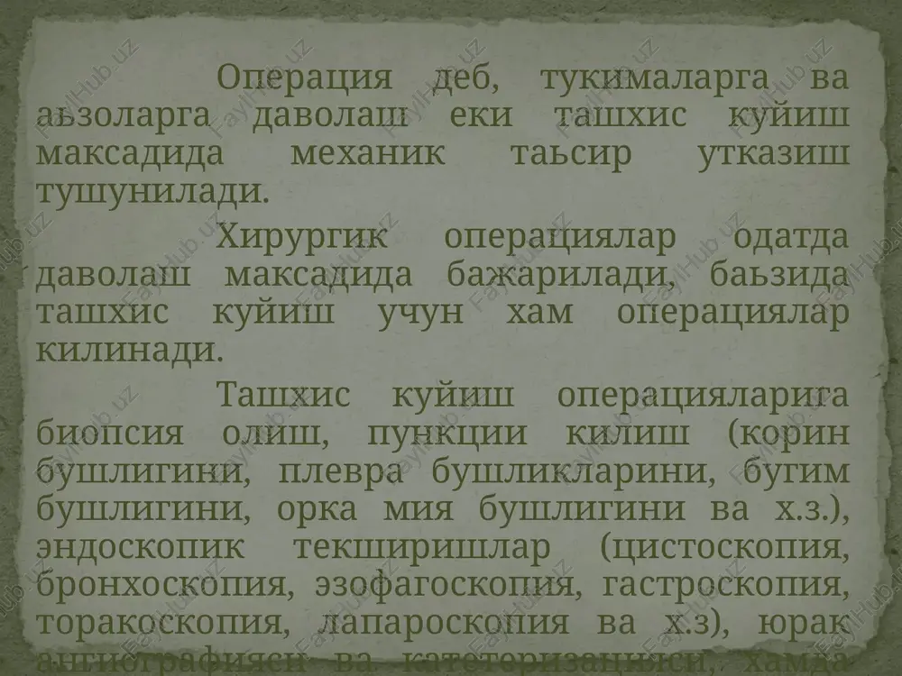 – laparoskopik xoletsistektomiya rejali operatsiya- lekser plastikasi bilan churrani bartaraf kilish yugon ichak chap yarmi bir boskichli rezektsiyasi.kundalang chambar ichak va sigmasimon ichak orasida «uchma-uch» anastamoz kuyish yugon ichak chap yarmini ikki boskichli rezektsiyasi. i. i. grekova ii usuli buyicha ichakning mushak kavatini tugunli choklar erdamida tikish yugon ichakni nekrozga uchragan kismi rezektsiyasi yugon ichak chap yarmini uch boskichli rezektsiya kilish. tseydler—shloffer usuli buyicha i — kurichakka okma xosil kilingan. ii—yugon ichak chap yarmi rezektsiya kilingan; olib keluvchi va olib ketuvchi ichak xalkalari orasida uchma-uch anastamoz kuyish. iii –kurichak okmasini bartaraf kilish operatsiyalarga kursatmalar nisbiy absolyut xayotiy asoslanmagan operatsiyalardan extiet bulishi uchun xirurg bemorlar bilan yakindan tanishishi kerak, operatsiya rejasi ini va kuyida keltirilgan malumotlar jamlangan operatsiya oldi epikrizlarini tuzishi kerak: tashxisni asoslash operatsiyalarga kursatmalar operatsiyalar rejasi ogriksizlan- tirish turi xirurgik operatsiya murakkab jaraen bulib, asosiy uchta boskich farklanadi. 1. operatsiya oldi davri va bemorni operatsiyaga tayerlash. 2. xirurgik operatsiya …