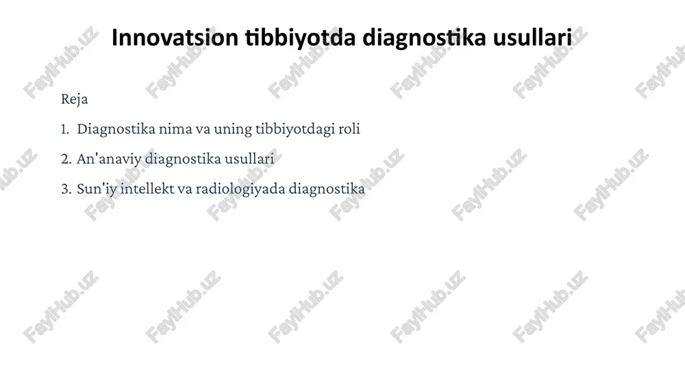 irlari va boshqa organlarni tekshirishda ajoyib natija beradi. kompyuter tomografiya rentgen nurlari va kompyuter texnologiyalari uyg'unligi orqali organizmning kesma tasvirlarini yaratish. suyak kasalliklari, ichki qon ketishlar va o'simtalarni aniqlashda muhim rol o'ynaydi. 6 yangi ultratovush usuli: to'qimalardagi taranglikni o'lchash ilmiy yutuq sheffield universiteti olimlari tomonidan ishlab chiqilgan bu innovatsion usul tibbiy diagnostikada yangi davr ochmoqda. usul tovush to'lqinlarining to'qimalar orqali tarqalish tezligini o'lchash printsipiga asoslangan. texnologiyaning ishlash prinsipi to'qimalarning tarangligi va elastikligi kasallik holatida o'zgaradi. yangi usul tovush to'lqinlari tezligi orqali bu o'zgarishlarni aniq aniqlaydi. muhim afzalligi: kasallik va shikastlanishlarni eng erta bosqichlarida, ko'zga ko'rinadigan simptomlar paydo bo'lishidan oldin aniqlash imkoniyati invaziv bo'lmagan tekshiruv usuli real vaqtda natija olish yuqori aniqlik darajasi 7 bactospin: bakteriyalarni tez aniqlash va antibiotik sezuvchanligini tekshirish 1 tez aniqlash 5 ming bakterial hujayrani atiga 5 daqiqada aniqlash imkoniyati. bu an'anaviy usullarga nisbatan 100 baravar tez natija 2 antibiotik testi antibiotik sezuvchanligini tekshirish uchun faqat 1-2 …