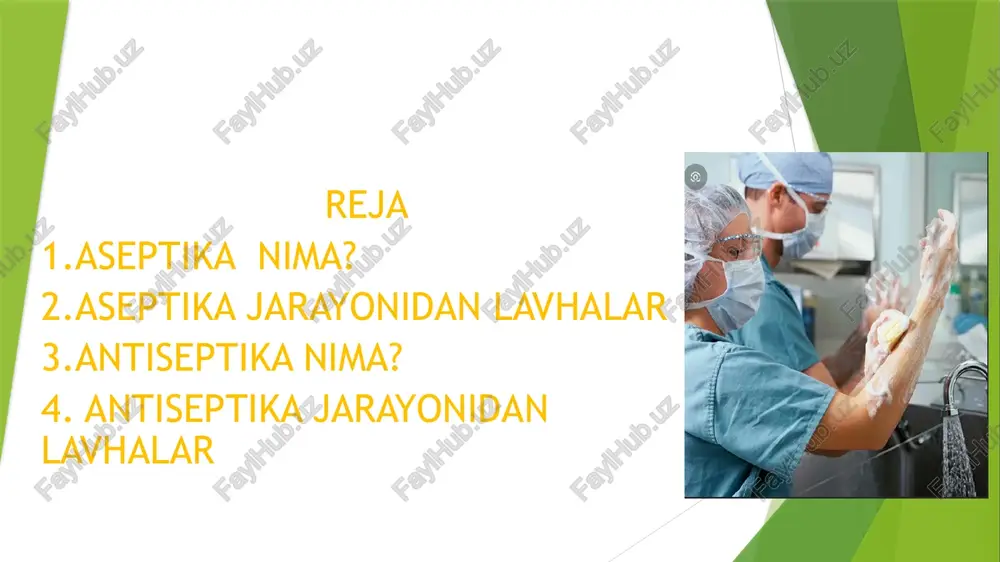 terillash. ***mikrob tushishininig oldini olish uchun gamma nurlari izotoplari kuchli bo`lishi , ya`ni 2.5 mlrd ga teng bo`lishi kerak. bu usul katta energetik kuchga ega bo`lib, ster-yaninig kuchi materiallarninig hamma chuqurligiga etib boradi. amaliyotda beta va gamma nurlanish qo`llaniladi. antiseptika va uning turlari antiseptika deganda jaroxatdagi mikroblarni yuqotish yoki sonini kamaytirishga qaratilgan tadbirlar tushuniladi. antiseptikaning 1.fizik, 2.mexanik, 3.kimyoviy, 4.biologik 5. aralash turlari farqlanadi. fizikaviy antiseptika fizikaviy antiseptika – vositalariga drenaj, sterial tampon, sharchalar, qizdiruvchi ultrabinavsha lampalar va infraqizil lazer apparatlari kiradi. bundan fizikaviy vositaviy yordamidajaroxatdagi zahar va yiringlar o`z vaqtida sorish va oqim yo`nalish hosil qilish usullari yordamida chiqarib tashlanadi. mexanik antiseptika jaroxat va uning atrofini mexanik yo`l bilan tozalash , yot jismlarini olib tashlash, nekrozga uchrashgan va o’lishi muqarrar bo`lgan to`qimalarni kesib olib tashlash, jaroxatga birlamchi ishlov berish va tikish kiradi. kimyoviy antiseptika kimyoviy antiseptikada mikroblarni yo`qotish yoki jarohatda uning rivojlanishini to`xtatish xususiyatiga ega bolgan turli kimyoviy yo`l bilan …