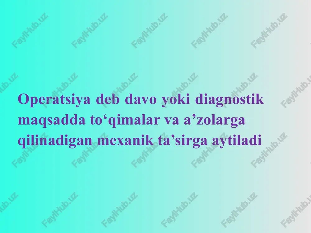 tafovut qilinadi: 1. olis operatsiya oldi davri 2. yaqin operatsiya oldi davri 3. bevosita operatsiya oldi davri masalan buqoq kasalligida yoki yurak nuqsonlarida olis operatsiya oldi davrida sa-nator davo tavsiya qilinadi, tanglay murtak-lari va kariyes tishlar sanasiya qilinadi yaqin operatsiyadan oldingi davrda (7-15 kun davomida) somatik tizimlar holatiga e’tibor berila-di, bevosita operatsiyadan oldingi davrda esa sani-tar gigiyenik ishlov o‘tkazilib, siydik pufagi va to‘g‘ri ichak bo‘shatiladi bevosita operatsiyadan oldingi va maxsus (spesifik) tadbirlar tafovut qilinadi. bevosita operatsiyadan oldingi tadbirlar bir turdaligi va albatta qilinishi zarurligi bilan farqlanadi va u gigiyenik vanna qabul qilish, sochlarni qirish, tozalovchi huqna qilish va siydik qopini bo‘shatish-ni o‘z ichiga oladi maxsus (spesifik) tadbirlar esa ma’lum bir operatsiyalar oldidan qilinishi bilan farq qiladi, masalan piloroduodenal stenoz bo‘lganida oshqozonni bo‘shatish, yo‘g‘on ichak operatsiyala-ri oldidan sifon huqnasi qilish va o‘pkaning yiringli kasalliklarida bronxlarni sanatsiya qilish shular jumlasiga kiradi operatsiyadan oldingi tayyorgarlikka quyidagilar ham kiradi va ular: 1) bemorlarni asabiy …