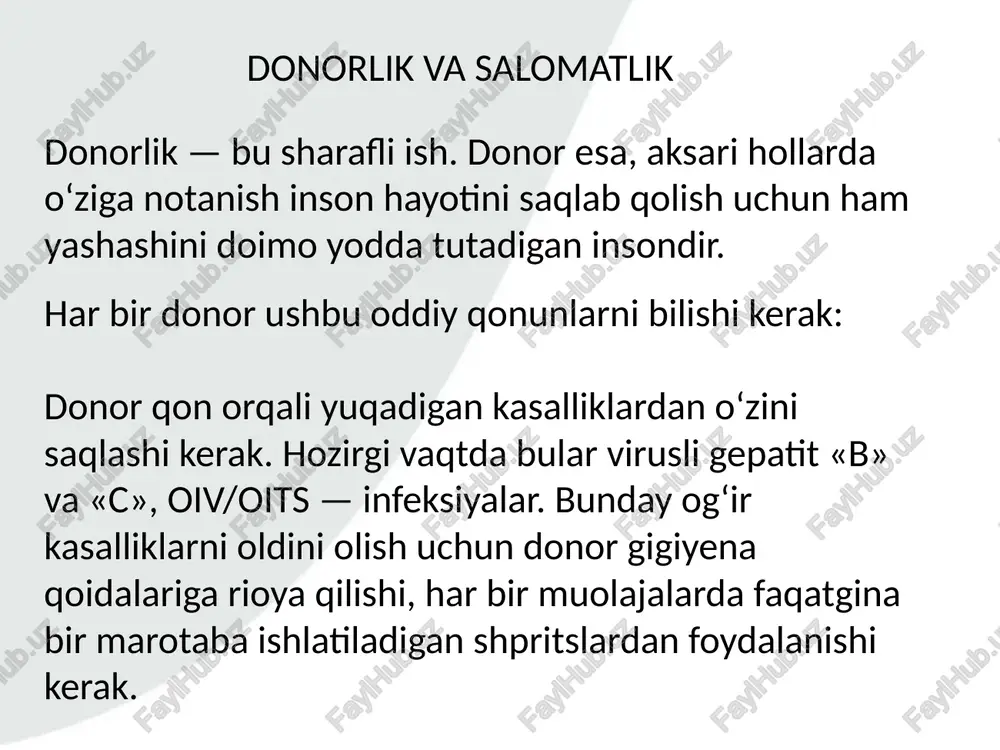 olatlanadi; 2)tibbiy tahlillar bepul o‘tkaziladi (umumiy qon tahlili, jigar ko‘rsatkichlari, qon guruhini va rezus omilini aniqlash, oiv/oits, gepatit «b» va «c», brutsellez, zahm kasalligini aniqlaydigan rw); 3)qon quyish markazida yuqori toifali shifokorlar ko‘rigi va ikki kunlik ish haqi saqlangan holda dam olishi uchun qon topshirganligi haqida ma’lumotnoma beriladi (qon topshirgan kuni va donor xohlagan boshqa bir kun). donor va uning huquqlari qon topshirish jarayoni qon topshirish markazlari va hududiy qon yig‘ish bo‘linmalarida 6 ta bosqichda amalga oshadi. markazga kelgandan qon topshirib ketguningizgacha 1 soat vaqtingizni ajratishingiz kerak bo‘ladi. donorlik uchun qon topshirish jarayoni qanday kechadi? birinchi bosqich: tibbiy so‘rovnomani to‘ldirish qon topshirish hududiga kelgan har bir donorga donorlik qilish uchun so‘rovnoma berilib, uni to‘ldirish so‘raladi. bu so‘rovnomadagi savollar «donor va bemor xavfsizligi»ni ta’minlovchi muhim bo‘lgan tushunchalarni o‘z ichiga oladi: 1)sog‘lig‘ingiz holati, isitma, gripp, so‘ngi qabul qilingan dorilar, yurak xastaliklari, surunkali kasalliklar, jarrohlik muolajalari va boshqalar; 2)hayotingizda yuz bergan va sog‘lig‘ingiz …