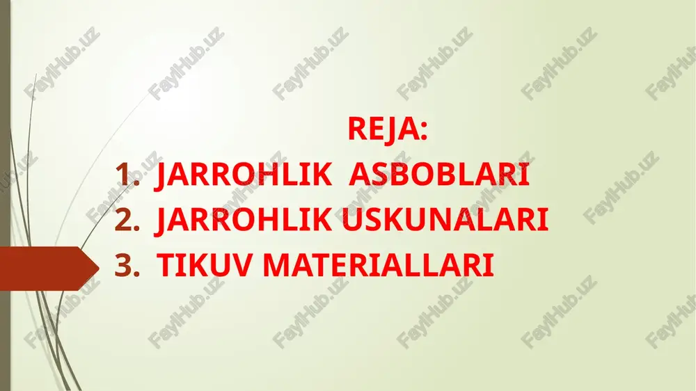 hi davriga toʻgʻri kelgan. *hozirgacha oʻsha davrda yaratilgan va ishlatilgan asboblar davr shifokorlari ismi bilan ataladi. umumiy jarrohlik asboblari, tasnifi, sifatini tekshirish usullari jarrohlik asboblari 2 ta asosiy guruhga bo‘linadi: umumiy jarrohlik va maxsus jarrohlik asboblari. umumiy jarrohlik asboblari guruhiga jarrohlar tomonidan( ular tor ixtisosli bo‘lishlaridan qatiy nazar,) ko‘proq ishlatiladigan asboblar, shuningdek ko‘pincha umumiy jarrohlik operatsiyalarida foydalaniladigan asboblar kiradi. kataloglarda tibbiyot asbob-uskunalari ixtisoslarga qarab joylashtirilgan: umumiy jarrohlik, neyrojarrohlik, oftalmologiya, otolaringologiya va h. k. bu esa iste’molchiga qulay bo‘lib, asboblarning funksional sifatlarini hamda ularga qo‘yiladigan talablarni o‘rganish uchun unchalik qulay emas. shu munosabat bilan asboblar ularning asosiy vazifasi bo‘yicha guruhlarga bo‘linadi. jarrohlik asboblari o‘z vazifasi bo‘yicha quyidagi guruhlarga bo‘linadi (gost 19126-79) :  kesuvchi – yumshoq to‘qimani kesish, abssesslarni yorish, turli a’zolarni rezeksiya qilish, o‘simtalarni, poliplarni kesib tashlashga mo‘ljallangan;  qisuvchi – kesilgan tomirdan qon oqishini to‘xtatish, rezeksiya paytida naychasimon va g‘ovak a’zolarni qisish, a’zolarning joyidan qo‘zg‘alib ketishini bartaraf etish maqsadida …