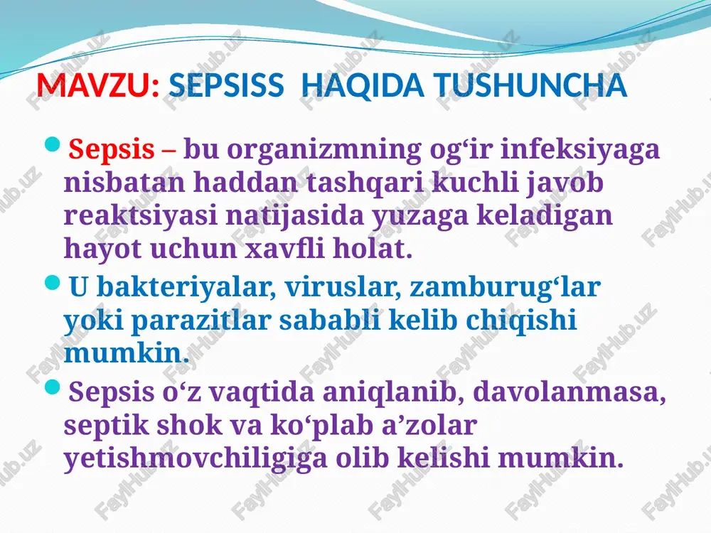 rni aniqlash) ✔️ qon bosimi va nafas olish tezligini baholash ✔️ rentgen yoki kt tekshiruvlari (infeksiya manbasini topish) sepsisni davolash sepsis tezkor va samarali davolashni talab qiladi. asosiy davolash choralari: antibiotiklar – infeksiya sababchi mikroorganizmlarni o‘ldirish uchun infuzion terapiya – suyuqliklar bilan qon aylanishini barqarorlashtirish kislorod terapiyasi – nafas yetishmovchiligini oldini olish qon bosimini oshiruvchi dorilar (vazopressorlar) – og‘ir holatlarda jarrohlik muolajalari – infeksiya manbaini olib tashlash zarurati bo‘lishi mumkin oldini olish choralari sepsisning oldini olish uchun: ✔️ infeksiyalarning oldini olish (qo‘l yuvish, gigiyenaga rioya qilish) ✔️ vaqtida emlanish (gripp, pnevmoniya va boshqa infeksiyalarga qarshi) ✔️ surunkali kasalliklarni nazorat qilish ✔️ yaralar va jarohatlarni to‘g‘ri parvarish qilish ✔️ shifokorga o‘z vaqtida murojaat qilish sepsis xavfi yuqori bo‘lgan kasalliklar asosan immunitetning zaiflashishiga yoki organizmda infeksiya tarqalishiga olib keluvchi kasalliklar bilan bog‘liq. quyidagi holatlarda sepsis rivojlanish ehtimoli yuqori bo‘ladi: 1. infeksion kasalliklar ✅ pnevmoniya (o‘pka yallig‘lanishi) – bakterial yoki virusli infeksiya qon …