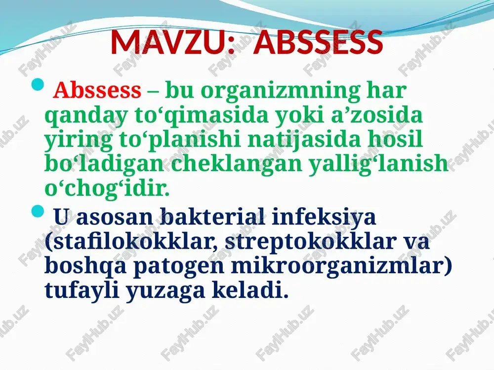 sa, shifokorga murojaat qilish muhim. e’tiboringiz uchun tashakkur! image2.png image3.png image4.png image5.png image6.png image7.png liver abscess inflammation a liver abscess is as a pus-filled mass in the liver that can develop from injury to the liver or an intraabdominal infection /docprops/thumbnail.jpeg absses haqida tushuncha
