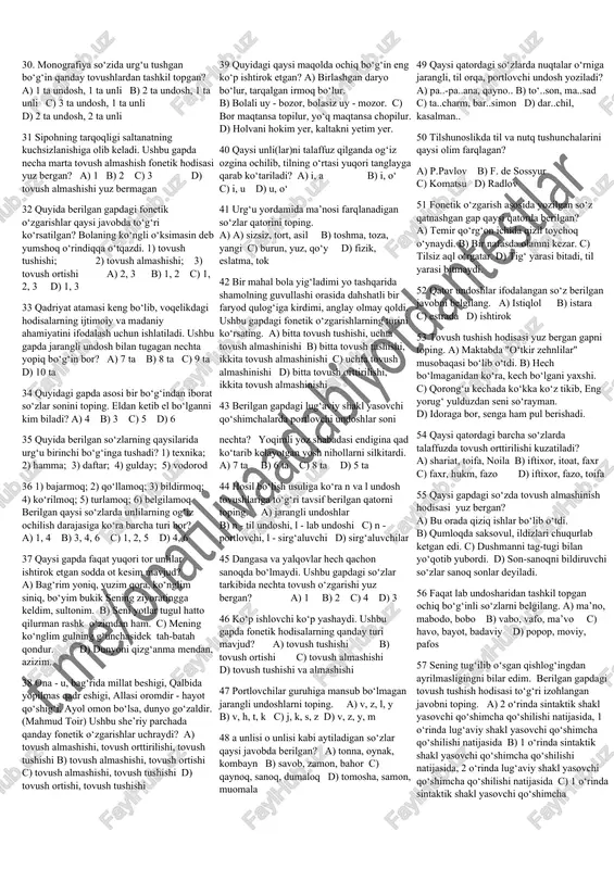 ik hodisa kuzatiladi? a) qiynaldi, sanadi b) ma’naviy, o‘ksigan c) yumshoq, foydali d) o‘ynovchilardan, bog‘ga 13 sonorlar (ovozdorlar) berilgan qatorni toping. a) b, p, v, f, m b) m, n, l, r, y c) l, m, n, r, ng d) f, m, n, r, y 14 yuqori tor unlilar to‘g‘ri berilgan qatorni toping. a) u, e b) i, o c) a, o‘ d) i, u 15 tovushlarning akustik tomoniga xos bo’lgan sifat belgilari qaysi bandda to’liq ko’rsatilgan? 1) balandlik; 2) kuch (tezlik); 3) miqdor (yoki uzunlik); 4) tembr; 5) vazifaviy tomoni; a) 1, 2, 4, 5 b) 2, 3, 4, 5 c) c)1, 3, 5 d) 1, 2, 3, 4 16 derazamning oldida bir tup o‘rik oppoq bo‘lib gulladi. ushbu gapdagi tagiga chizilgan so‘zlarda urg‘u qayerga tushadi? a) a)oppoq va gulladi so‘zlarida birinchi bo‘g‘inga b) oppoq so‘zida birinchi, gulladi so‘zida ikkinchi bo‘g‘inga c) oppoq so‘zida ikkinchi, gulladi so‘zida uchinchi bo‘g‘inga …