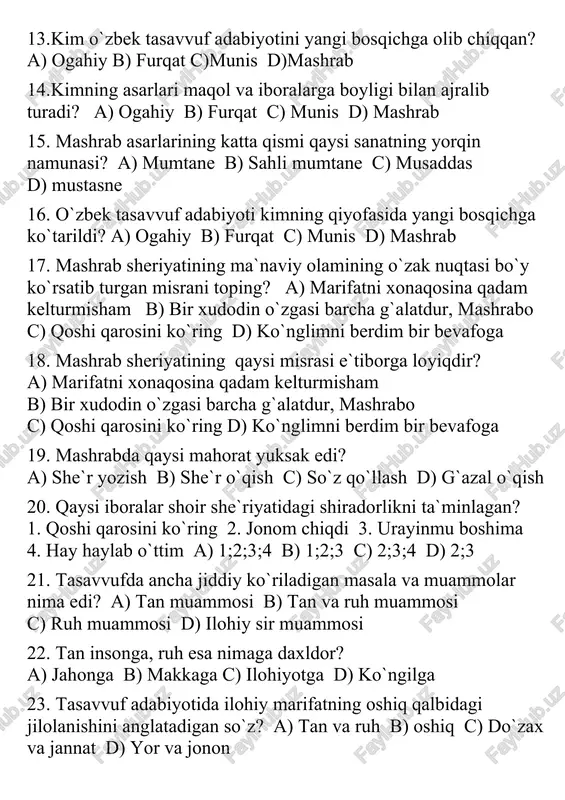 nuqtasi bo`y ko`rsatib turgan misrani toping? a) marifatni xonaqosina qadam kelturmisham b) bir xudodin o`zgasi barcha g`alatdur, mashrabo c) qoshi qarosini ko`ring d) ko`nglimni berdim bir bevafoga 18. mashrab sheriyatining qaysi misrasi e`tiborga loyiqdir? a) marifatni xonaqosina qadam kelturmisham b) bir xudodin o`zgasi barcha g`alatdur, mashrabo c) qoshi qarosini ko`ring d) ko`nglimni berdim bir bevafoga 19. mashrabda qaysi mahorat yuksak edi? a) she`r yozish b) she`r o`qish c) so`z qo`llash d) g`azal o`qish 20. qaysi iboralar shoir she`riyatidagi shiradorlikni ta`minlagan? 1. qoshi qarosini ko`ring 2. jonom chiqdi 3. urayinmu boshima 4. hay haylab o`ttim a) 1;2;3;4 b) 1;2;3 c) 2;3;4 d) 2;3 21. tasavvufda ancha jiddiy ko`riladigan masala va muammolar nima edi? a) tan muammosi b) tan va ruh muammosi c) ruh muammosi d) ilohiy sir muammosi 22. tan insonga, ruh esa nimaga daxldor? a) jahonga b) makkaga c) ilohiyotga d) ko`ngilga 23. tasavvuf adabiyotida ilohiy marifatning oshiq qalbidagi jilolanishini …