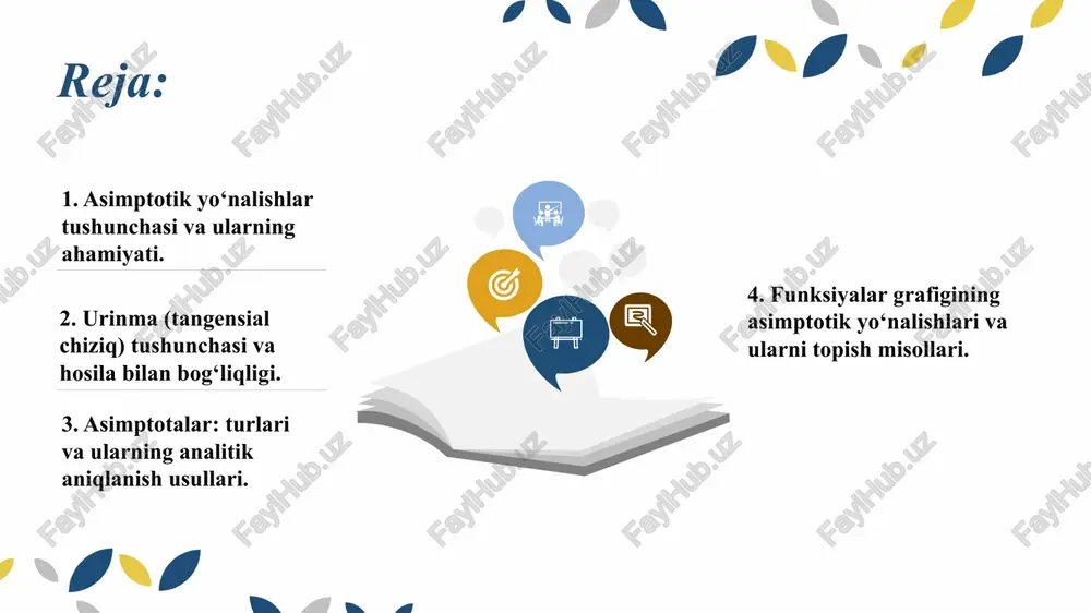 deformatsiya yo‘nalishlarini aniqlashda. optik va fizik modellarda nur yo‘nalishlarini hisoblashda. asimptotik yo‘nalishlar sirtning shaklini aniq tushunish va uni fazoda to‘g‘ri tasvirlash imkonini beradi. shu sababli ular fazoviy geometriyada o‘ta muhim tushunchalardan biri hisoblanadi. urinma tushunchasi (geometrik ma’noda) geometriyada urinma (yoki tangensial chiziq) deb, egri chiziqqa faqat bitta nuqtada tegib o‘tuvchi chiziqqa aytiladi. bu nuqtada urinma egri chiziqning eng yaqin yo‘nalishini bildiradi, ya’ni u chiziq shu nuqtada egri chiziqning “yo‘nalishiga parallel” tarzda joylashadi. masalan: aylana bilan uning radiusiga perpendikulyar bo‘lgan chiziq — aylananing urimasi hisoblanadi. har qanday egri chiziqda ham shu nuqtadagi eng yaqin yo‘nalish urinma chiziq orqali ifodalanadi. urinmaning tenglamasi va analitik ifodasi agar egri chiziq y=f(x) tenglama bilan berilgan bo‘lsa, uning x=0 nuqtasidagi urinmasi quyidagi tenglama orqali ifodalanadi: bu yerda: — urinma o‘tadigan nuqta, — funksiyaning shu nuqtadagi hosilasi, ya’ni urinma chizig‘ining qiyalik koeffitsienti (burchak tangensi). shunday qilib, urinma chizig‘ining yo‘nalishi to‘g‘ridan-to‘g‘ri hosila qiymati bilan belgilanadi. asimptota tushunchasi geometriyada …
