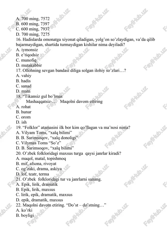 dagi tur va janrlarni sanang. a. epik, lirik, dramatik b. epik, lirik, maxsus c. lirik, epik, dramatik, maxsus d. epik, dramatik, maxsus 22. maqolni davom etiring. “do’st – do’stning…” a. ko’rki b. boyligi c. ishongan tog’i d. oynasi 23. ezop yashagan davr va joy? a.yunoniston , eramizdan avvalgi vi asrda b.yunoniston , eramizning vi asrida c.daniya, eramizdan avvalgi vi asrda d.yunoniston, eramizdan avvalgi iv asrda 24.’’ezop masallai” nomli kitobga qancha masallar kiritilgan ? a.500 ta b.500 ga yaqin c.550 tacha d.550 ta 25. ezopning qaysi masalida “yangi do’stni topganda eskidan kechmoq kerak” maqolining ma’nosi o’z aksini topgan? a.’’bo’ri bilan laylak” b.’’yovvoyi echkilar bilan cho’pon” c.’’kiyik bilan tokzor” d.’’eshak bilan baqalar” 26. yaxshilikka yomonlik qilsa albatta jazolanadi,degan xulosa qaysi masalga tegishli? a.’’bo’ri bilan laylak” b.’’yovvoyi echkilar bilan cho’pon” c.’’kiyik bilan tokzor” d.’’eshak bilan baqalar” 27. aqlni ishlatish, qiyinchlikka sabrli bo’lish kerak degan xulosa qaysi masalda ifodalangan? a.’’eshak bilan baqalar” b.’’ustiga tuz …