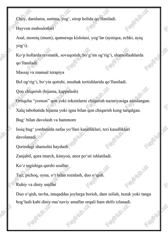 anadi. ba'zilar uchun ruhiy xotirjamlik jismoniy sog‘liq bilan chambarchas bog‘liq. xalq tabobati va zamonaviy tibbiyot hozirgi vaqtda ko‘p ilmiy tadqiqotlar ayrim xalq usullarining foydaliligini isbotlamoqda. biroq ayrim hollarda xalq tabobati ilmiy asosga ega emas va tibbiy xavf tug‘dirishi mumkin. xalq tabobati (anʼanaviy tibbiyot) — xalq tomonidan toʻplangan, kasalliklarga tashxis qoʻyish va davolashda foydalaniladigan, avloddan-avlodga oʻtib kelayotgan empirik bilimlar yigʻindisi. samaradorligi va xavfsizligi isbotlangan xalq tabobati usullarining bir qismi zamonaviy tibbiyot tomonidan qabul qilingan. xalq tabobati sehr, ezoterizm va muqobil elementlarni ham oʻz ichiga olishi mumkin. uning tarkibiga koʻpincha samarasiz yoki hatto xavfli davolash usullari ham kirgan. xalq tabobati atamasi bir qatorda, anʼanaviy tibbiyot atamasi bilan bir xil maʼnoda uchraydi. jahon sogʻliqni saqlash tashkiloti tomonidan taʼriflangan „anʼanaviy tibbiyot“ atamasi xitoy tibbiyoti, hind ayurvedasi, arab tibbiyoti va mahalliy tibbiyotning boshqa shakllari kabi sohalarga tegishli hisoblanadi. anʼanaviy tibbiyot milliy sogʻliqni saqlash tizimiga kiritilmagan mamlakatlarda koʻpincha „qoʻshimcha tibbiyot“, „muqobil tibbiyot“ deb ham nomlanadi[2]. tarixi[ …