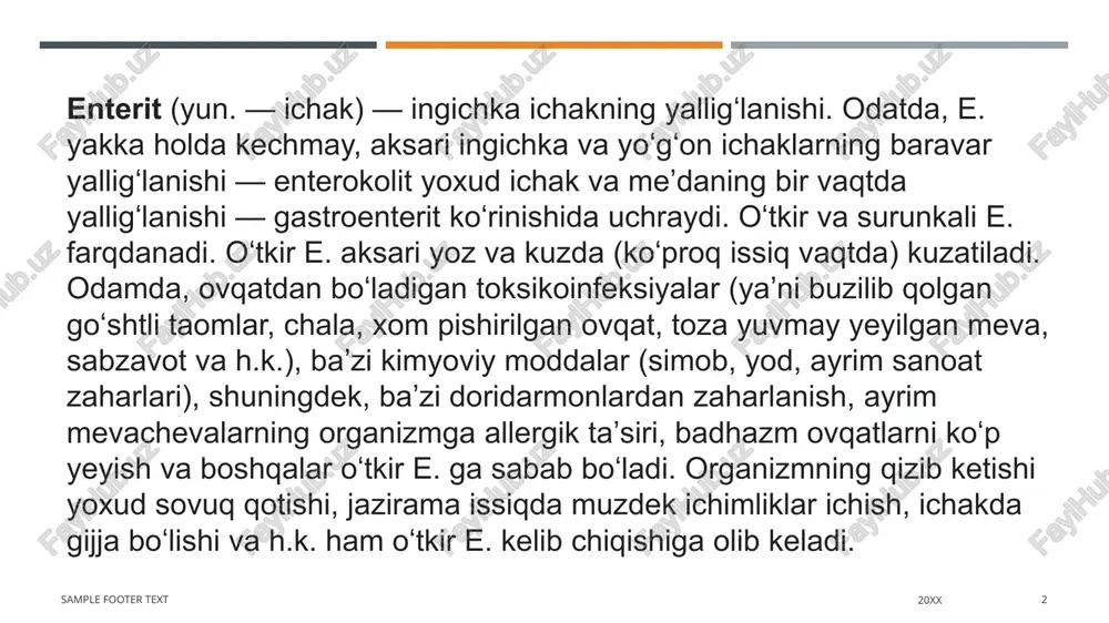 utadi, sutkasiga 10—15-marta ich ketadi, axlatda koʻp shilimshiq, baʼzan qon boʻladi. e.da koʻp qusish va ich ketishi tufayli organizm suvsizlanadi (bemorning terisi quruqshaydi, ogʻzi qurib, hidlanadi, tili karashlanib, lablari qovjiraydi, qorni dam boʻladi va h.k.), yurak faoliyati susayadi, qon bosimi va gavda temperaturasi pasayib, bemorning rangi ketadi, koʻzlari kirtayadi; ogʻirroq hollarda oyoqqoʻllari muzlab, tortishibtortishib turadi. sample footer text 20xx 5 sample footer text 20xx 6 oʻtkir e., toʻla va toʻgʻri davolansa bemor sogʻayib ketadi. aks hodda surunkali tus oladi. surunkali e.ning kelib chiqish sabablari oʻtkir e.nikiga oʻxshash. shuningdek, bu e. baʼzan meʼda, oʻt qopi, jigar yoki meʼda osti bezi kasalliklarida ichak devorining zararlanishi yoki ovqatda vitaminlar tanqisligi va boshqalar oqibatida paydo boʻladi. bunda ingichka va yoʻgʻon ichaklar devorining hamma qatlami shikastlanadi; ichak devorining soʻrish va harakat funksiyasi buziladi. surunkali e. goh zoʻriqib, goh bosiladi. sample footer text 20xx 7 davo bemorning umumiy ahvoli va kasallik belgilariga qarab tayinlanadi. surunkali e.ni …