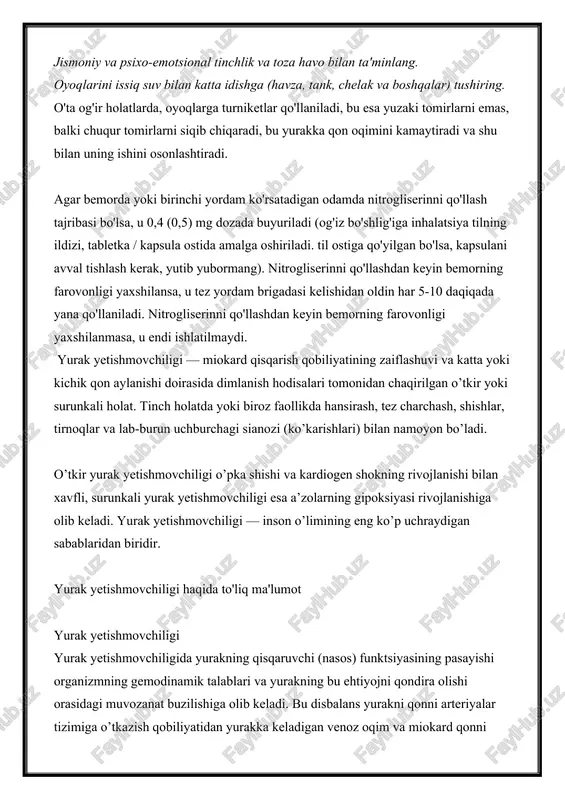 mirlarni siqib chiqaradi, bu yurakka qon oqimini kamaytiradi va shu bilan uning ishini osonlashtiradi. agar bemorda yoki birinchi yordam ko'rsatadigan odamda nitrogliserinni qo'llash tajribasi bo'lsa, u 0,4 (0,5) mg dozada buyuriladi (og'iz bo'shlig'iga inhalatsiya tilning ildizi, tabletka / kapsula ostida amalga oshiriladi. til ostiga qo'yilgan bo'lsa, kapsulani avval tishlash kerak, yutib yubormang). nitrogliserinni qo'llashdan keyin bemorning farovonligi yaxshilansa, u tez yordam brigadasi kelishidan oldin har 5-10 daqiqada yana qo'llaniladi. nitrogliserinni qo'llashdan keyin bemorning farovonligi yaxshilanmasa, u endi ishlatilmaydi. yurak yetishmovchiligi — miokard qisqarish qobiliyatining zaiflashuvi va katta yoki kichik qon aylanishi doirasida dimlanish hodisalari tomonidan chaqirilgan o’tkir yoki surunkali holat. tinch holatda yoki biroz faollikda hansirash, tez charchash, shishlar, tirnoqlar va lab-burun uchburchagi sianozi (ko’karishlari) bilan namoyon bo’ladi. o’tkir yurak yetishmovchiligi o’pka shishi va kardiogen shokning rivojlanishi bilan xavfli, surunkali yurak yetishmovchiligi esa a’zolarning gipoksiyasi rivojlanishiga olib keladi. yurak yetishmovchiligi — inson o’limining eng ko’p uchraydigan sabablaridan biridir. yurak yetishmovchiligi …
