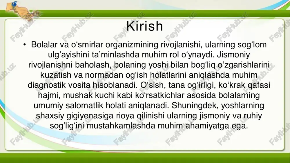 il motor ko'nikmalar, bolaning jismoniy rivojlanishi va koordinatsiyasi uchun muhimdir. jismoniy o'sish belgilari bo'yi, og'irligi va kasallik rivojlanishi kabi jismoniy o'sish belgilari, bolaning umumiy jismoniy rivojlanishi va sog'ligi uchun muhim ko'rsatkichlar. jismoniy rivojlanish ko'rsatkichlarini aniqlash uchun umumiy usullar 1 bo'y va og'irlik o'lchashlari bo'y va og'irlik o'lchashlari jismoniy rivojlanishning umumiy ko'rsatkichlari bo'lib, o'sish grafiklari vaqt o'tishi bilan oshishni kuzatish uchun ishlatiladi. 2 tana massa indeksi (tmi) hisoblash tmi ni hisoblash jismoniy rivojlanishni baholashning keng qo'llaniladigan usullaridan biri hisoblanadi, chunki uni o'rtacha bo'yligini aniqlash uchun bo'y va og'irlikni bir xil vaqtning o'tishini hisobga oladi. 3 rivojlanish bosqichlari yurish, gaplashish va ko'chirish kabi rivojlanish bosqichlarini kuzatish bolalar jismoniy rivojlanishining o'sishini tushunishga yordam beradi. bolalar va o'smirlarning shaxsiy gigiyenasi muhimligi 1 umumiy sog'liqni va yaxshi ko'rinishni oshirish bolalar va o'smirlarga shaxsiy gigiyenaning muhimligini o'rgatish, kasalliklarning kuchayishini kamaytiradi va umumiy sog'liqni va yaxshi ko'rinishni oshiradi. 2 o'ziga ishonch yaratish va ijtimoiy ko'nikmalar rivojlanishi yaxshi …