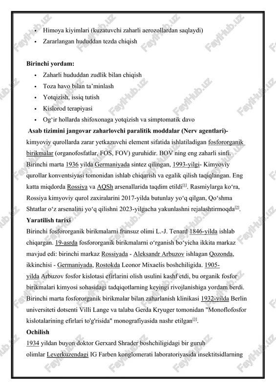 y yoʻq qilgan, qoʻshma shtatlar oʻz arsenalini yoʻq qilishni 2023-yilgacha yakunlashni rejalashtirmoqda[2]. yaratilish tarixi birinchi fosfororganik birikmalarni fransuz olimi l.-j. tenard 1846-yilda ishlab chiqargan. 19-asrda fosfororganik birikmalarni oʻrganish boʻyicha ikkita markaz mavjud edi: birinchi markaz rossiyada - aleksandr arbuzov ishlagan qozonda, ikkinchisi - germaniyada, rostokda leonor mixaelis boshchiligida. 1905-yilda arbuzov fosfor kislotasi efirlarini olish usulini kashf etdi, bu organik fosfor birikmalari kimyosi sohasidagi tadqiqotlarning keyingi rivojlanishiga yordam berdi. birinchi marta fosfororganik birikmalar bilan zaharlanish klinikasi 1932-yilda berlin universiteti dotsenti villi lange va talaba gerda kryuger tomonidan "monoflofosfor kislotalarining efirlari to'g'risida" monografiyasida nashr etilgan[3]. ochilish 1934 yildan buyon doktor gerxard shrader boshchiligidagi bir guruh olimlar leverkuzendagi ig farben konglomerati laboratoriyasida insektitsidlarning yangi turlarini ishlab chiqdilar. insektitsidlar samaradorligini oshirishga qaratilgan tadqiqotlar davomida shreyder hasharotlarning asab tizimiga taʼsir qilish orqali ularni oʻldiradigan fosfororganik birikmalar bilan tajriba oʻtkazdi. 1936 yil yanvar oyida oʻtkazilgan tajribalarning birida fosfor oksixlorid dimetilamin, etanol va kaliy siyanid bilan reaksiyaga …