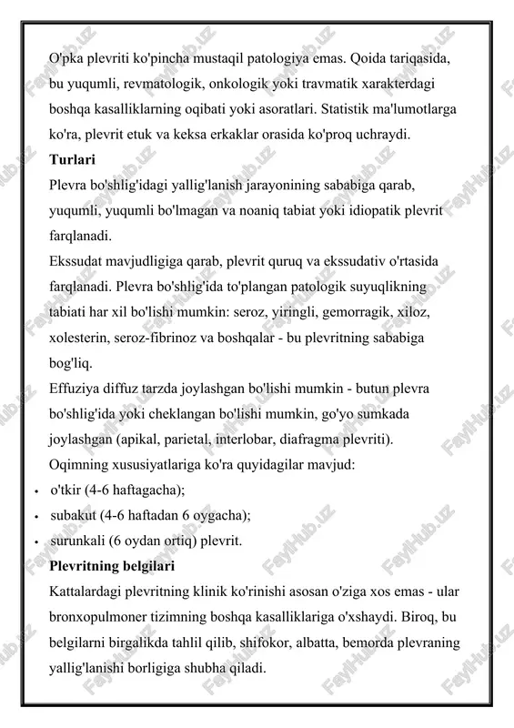 bog'liq. effuziya diffuz tarzda joylashgan bo'lishi mumkin - butun plevra bo'shlig'ida yoki cheklangan bo'lishi mumkin, go'yo sumkada joylashgan (apikal, parietal, interlobar, diafragma plevriti). oqimning xususiyatlariga ko'ra quyidagilar mavjud: · o'tkir (4-6 haftagacha); · subakut (4-6 haftadan 6 oygacha); · surunkali (6 oydan ortiq) plevrit. plevritning belgilari kattalardagi plevritning klinik ko'rinishi asosan o'ziga xos emas - ular bronxopulmoner tizimning boshqa kasalliklariga o'xshaydi. biroq, bu belgilarni birgalikda tahlil qilib, shifokor, albatta, bemorda plevraning yallig'lanishi borligiga shubha qiladi. quruq plevritning asosiy belgilari: · ko'krak qafasining old va yon qismlarida bo'yin va yelkaga tarqaladigan, chuqur nafas olish, yo'talish, kulish va tanani sog'lom tomonga egish bilan kuchayadigan o'tkir, pichoqli og'riq (shuning uchun bemor majburiy pozitsiyani egallashga va cheklashga majbur bo'ladi. nafas olish jarayoni). ular plevraning yallig'langan qatlamlarining ishqalanishi natijasida paydo bo'ladi. · plevraning tirnash xususiyati tufayli yuzaga kelgan quruq va qisqa yo'tal. · tana haroratining ko'tarilishi, titroq. · noqulaylik, ishtahaning pasayishi, bosh og'rig'i, zaiflik. auskultatsiyada …