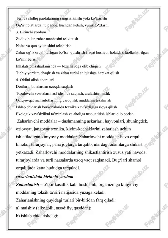 hi moddalar – dushmanning askarlari, hayvonlari, shuningdek, oziovqat, jangovar texnika, kiyim-kechaklarini zaharlash uchun ishlatiladigan kimyoviy moddalar. zaharlovchi moddalar havo orqali binolar, turarjoylar, pana joylarga tarqalib, ulardagi odamlarga shikast yetkazadi. zaharlovchi moddalarning shikastlantirish xususiyati havoda, turarjoylarda va turli narsalarda uzoq vaqt saqlanadi. bugʻlari shamol orqali juda katta hududga tarqaladi. zaxarlanishda birinchi yordam zaharlanish – o‘tkir kasallik kabi boshlanib, organizmga kimyoviy moddaning toksik ta’siri natijasida yuzaga keladi. zaharlanishning quyidagi turlari bir-biridan farq qiladi: a) maishiy (alkogolli, tasodifiy, qasddan); b) ishlab chiqarishdagi; v) bolalardagi; g) tibbiy; d) biologik; e) ovqatdan. organizmga zaharning tushish yo‘llari to‘rt xil bo‘ladi: 1) ingalyatsion (tutun holida); 2) teri orqali; 3) ichak orqali; 4) parenteral (ko‘pincha tibbiy). oziq-ovqat moddalari bilan zaharlanganda oshqozonni zond orqali 18–20ºc haroratdagi 12–15 l suv bilan (har bir porsiyasi 300–500 ml bo‘lishi kerak) yuvish lozim. ilon chaqqanda, teri ostiga yoki muskul orasiga toksik modda tushganda 6–8 soatga o‘sha joyga sovuq qo‘yiladi, 0,3 mg 0,1 % …