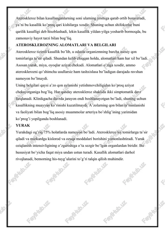 ta’minlanishi va faoliyati bilan bog’liq asosiy muammolar arteriya bo’shlig’ining yarimidan ko’prog’i yopilganda boshlanadi. yurak yurakdagi og’riq 75% holatlarda namoyon bo’ladi. ateroskleroz toj tomirlarga ta’sir qiladi va miokardga kislorod va ozuqa moddalari borishini yomonlashtiradi. yurak oziqlanish intensivligining o’zgarishiga o’ta sezgir bo’lgan organlardan biridir. bu hususiyat bo’yicha faqat miya undan ustun turadi. kasallik alomatlari darhol rivojlanadi, bemorning his-tuyg’ularini to’g’ri talqin qilish muhimdir. yurakda normal qon aylanishining buzilishi stenokardik sindrom bilan namoyon bo’ladi. alomatlar davriy ro’y beradi va quyidagilarni o’z ichiga oladi: · ko’krak sohasidagi og’riq. bosadigan, o’tmas, kuchayib-so’nadigan yoki yonish hissi kabi bo’ladi (bu ishemik jarayon uchun xos alomatlar). og’riq kurak, chap yelka, bilak va barmoqlarga tarqaladi (qon aylanish tizimining butun uzunligi bo’ylab); · ko’krak qafasida bosim hissi (go’yoki ko’krak qafasiga og’ir yuk qo’yilgandek); · nafas olish paytida og’riqli hislar (nafas chiqarishda ham); · nafas olish buzilishlari. aterosklerozga xos xususiyat sifatida stenokardiya paroksimal (xurujlar bilan) namoyon bo’ladi. xurujlar vaqtida qon bosimi darajasida …
