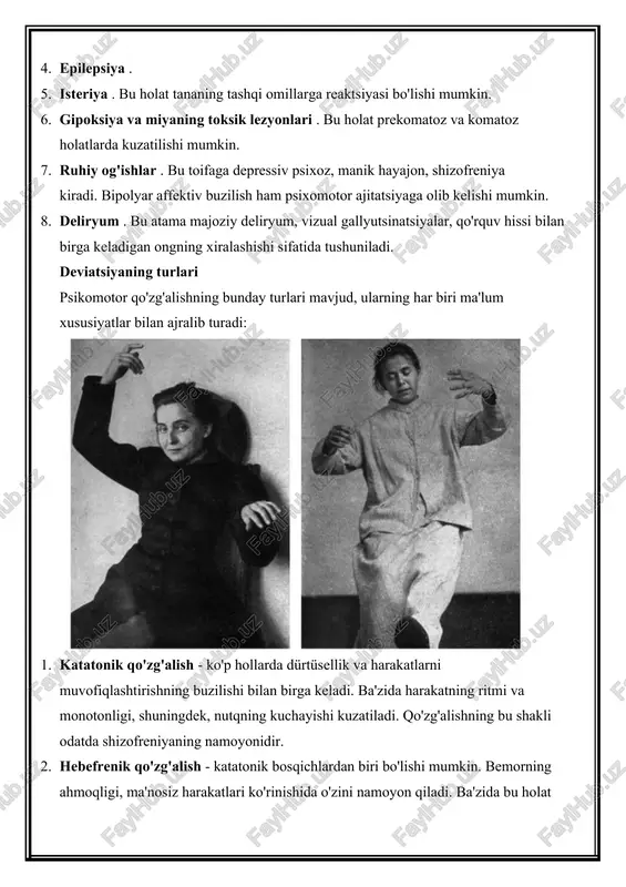 at prekomatoz va komatoz holatlarda kuzatilishi mumkin. 7. ruhiy og'ishlar . bu toifaga depressiv psixoz, manik hayajon, shizofreniya kiradi. bipolyar affektiv buzilish ham psixomotor ajitatsiyaga olib kelishi mumkin. 8. deliryum . bu atama majoziy deliryum, vizual gallyutsinatsiyalar, qo'rquv hissi bilan birga keladigan ongning xiralashishi sifatida tushuniladi. deviatsiyaning turlari psikomotor qo'zg'alishning bunday turlari mavjud, ularning har biri ma'lum xususiyatlar bilan ajralib turadi: 1. katatonik qo'zg'alish - ko'p hollarda dürtüsellik va harakatlarni muvofiqlashtirishning buzilishi bilan birga keladi. ba'zida harakatning ritmi va monotonligi, shuningdek, nutqning kuchayishi kuzatiladi. qo'zg'alishning bu shakli odatda shizofreniyaning namoyonidir. 2. hebefrenik qo'zg'alish - katatonik bosqichlardan biri bo'lishi mumkin. bemorning ahmoqligi, ma'nosiz harakatlari ko'rinishida o'zini namoyon qiladi. ba'zida bu holat bemorning tajovuzkorligi bilan birga keladi. ushbu alomat ko'pincha shizofreniyadan dalolat beradi. 3. gallyutsinatsion qo'zg'alish - kuchlanish va konsentratsiyaning kuchayishi bilan birga keladi. bundan tashqari, odamda tushunarsiz nutq, o'zgaruvchan yuz ifodalari, tajovuzkor harakatlar va imo-ishoralar paydo bo'lishi mumkin. ushbu sindrom ko'pincha …