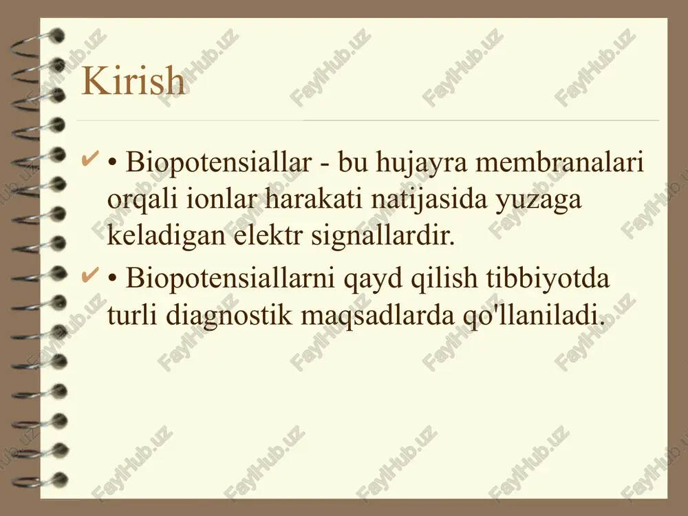 yatga ega. • talabalar uchun: mushak tizimi fiziologiyasi, biotibbiy texnika va signal tahlilini chuqur o‘rganish tavsiya etiladi. image1.png /docprops/thumbnail.jpeg biopotensiallarni qayd etadigan tibbiy asboblarning ishlash prinsipi. emg