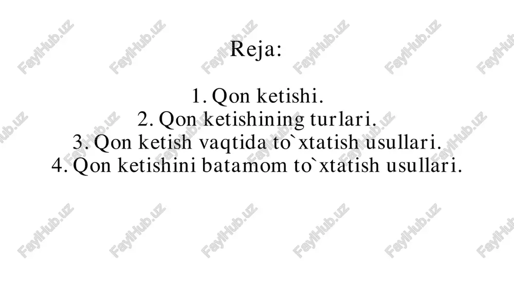 ir maromda, tomchi ko`rinishida qon sizib chiqadi. parenximatoz(g`ovak) a’zolar (jigar, taloq, o`pka) jarohatlanganda qon ketishi juda xavfli kechadi, ulardagi tomirlarning o`z holicha yopilmasligi sababli, qon ketishi to`xtamaydi va tez kamqonlik holatlari kelib chiqadi. 2. qon ketishining tashqi, ichki va yashirin klinik turlari farqlanadi. -tashqi qon tomir devorining jarohati tufayli ketayotgan qon tashqariga oqadi. -ichki qon ketish nisbatan murakkab, ketayotgan qon biron bir a’zo qobiqlarida to`plangan tarzda yoki qorin va ko`krak qafasi bo`shliqlariga ketishi mumkin. 3. o`tkir yoki surunkali qon ketish. inson hayotidagi eng havfli qon ketishi o`tkir qon ketishidir. qisqa vaqt ichida yo`qotilgan katta miqdordagi qon yetishmovchiligiga inson organizmi tez moslasha olmaydi, natijada o`lim hollari ko`p uchraydi. surunkali qon ketishda esa kamqonlik sekinlik bilan rivijlanadi, natijada inson organizmi bu yangi holatga asta-sekin moslasha boradi. qon ketishni vaqtincha tuxtatish usullari oxunov a.o. umumiy ma’'lumot qon _ ketishi ~—0'z-0'zidan to'xtashi mumkin yoki u sun'ly ravishda to'xtatiladi. qonning to'xtashi vaqtincha —_yoki doimiy bo'lishi …