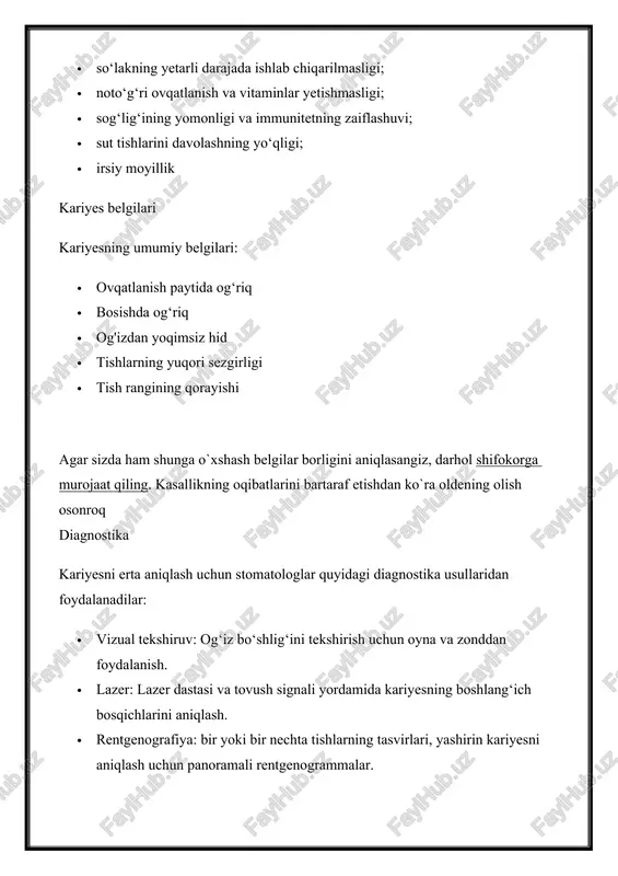 oyna va zonddan foydalanish. · lazer: lazer dastasi va tovush signali yordamida kariyesning boshlang‘ich bosqichlarini aniqlash. · rentgenografiya: bir yoki bir nechta tishlarning tasvirlari, yashirin kariyesni aniqlash uchun panoramali rentgenogrammalar. · elektrodontometriya: tishlarning sezgirligini kuchsiz elektr toki yordamida tekshirish. · ransillyuminatsiya:yashirin kariyesni aniqlash uchun og‘iz bo‘shlig‘ini fotopolimerlash lampasi bilan yoritish. · quritish: dog‘ bosqichida kariyesni aniqlash uchun tishni quritish. · emalni vital bo‘yash: shikastlanishni aniqlash uchun quritilgan tishga bo‘yoq surtish. · lyuminessent stomatoskopiya: kariyesni vizualizatsiya qilish uchun tishlarni ultrabinafsha nur bilan nurlantirish. «tish og’rig’i» -bu bolalar va kattalarni, erkaklarni va ayollarni cho’chitadigan so’zdir. tishlardagi kuchli og’riqning asosiy sabablaridan biri karies hisoblanadi. bu kasallik turli darajalarda xavfli bo’lishi mumkin, ammo u har holda davolanishi kerak. maqolada biz kariesni davolashning eng samarali usullari haqida gapiramiz, shuningdek kasallikning oldini olish to’g’risida to’xtalib o’tamiz. karies va uning turlari karies — og’iz bo’shlig’ining eng keng tarqalgan kasalliklaridan biridir. karies paydo bo’lganda avvalo tish emali shikastlanadi, …