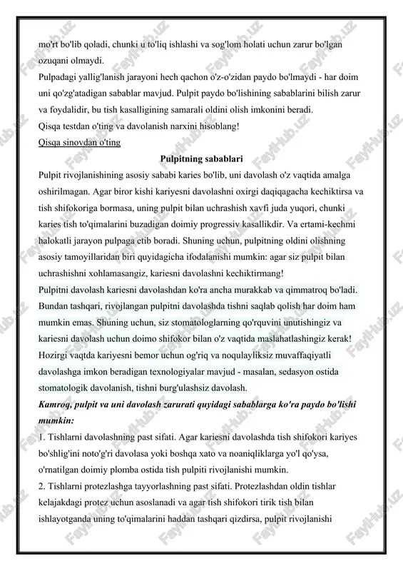 rashishni xohlamasangiz, kariesni davolashni kechiktirmang! pulpitni davolash kariesni davolashdan ko'ra ancha murakkab va qimmatroq bo'ladi. bundan tashqari, rivojlangan pulpitni davolashda tishni saqlab qolish har doim ham mumkin emas. shuning uchun, siz stomatologlarning qo'rquvini unutishingiz va kariesni davolash uchun doimo shifokor bilan o'z vaqtida maslahatlashingiz kerak! hozirgi vaqtda kariyesni bemor uchun og'riq va noqulayliksiz muvaffaqiyatli davolashga imkon beradigan texnologiyalar mavjud - masalan, sedasyon ostida stomatologik davolanish, tishni burg'ulashsiz davolash. kamroq, pulpit va uni davolash zarurati quyidagi sabablarga ko'ra paydo bo'lishi mumkin: 1. tishlarni davolashning past sifati. agar kariesni davolashda tish shifokori kariyes bo'shlig'ini noto'g'ri davolasa yoki boshqa xato va noaniqliklarga yo'l qo'ysa, o'rnatilgan doimiy plomba ostida tish pulpiti rivojlanishi mumkin. 2. tishlarni protezlashga tayyorlashning past sifati. protezlashdan oldin tishlar kelajakdagi protez uchun asoslanadi va agar tish shifokori tirik tish bilan ishlayotganda uning to'qimalarini haddan tashqari qizdirsa, pulpit rivojlanishi mumkin. bu darhol sodir bo'lmaydi, lekin bir muncha vaqt o'tgach, lekin toj ostidagi …