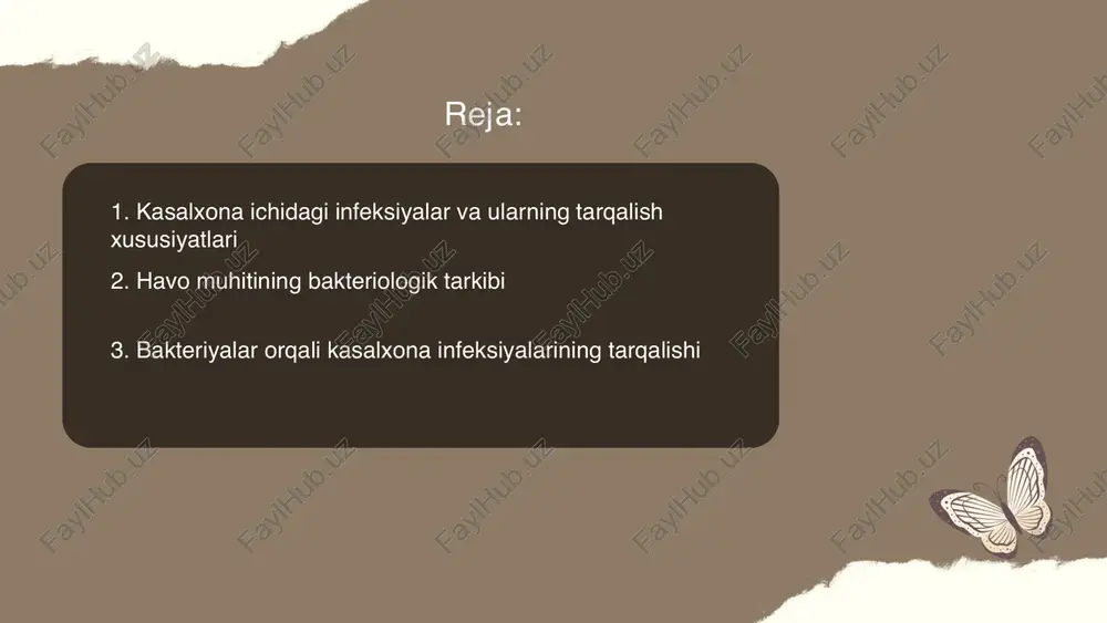 vo bakterial sonini oshirishi mumkin. ... t.me/slaydai_bot bakteriyalar orqali kasalxonada infeksiyalarning tarqalishi jiddiy muammo hisoblanadi. jahon sog‘liqni saqlash tashkiloti (jsst) ma'lumotlariga ko‘ra, rivojlangan davlatlarda kasalxonadagi bemorlarning 7-10 foizi, rivojlanayotgan mamlakatlarda esa bu ko‘rsatkich 25 foizgacha yetadi. e. coli va mrsa kabi antibiotiklarga chidamli bakteriyalar bunga sabab bo‘ladi. qo‘llarni tez- tez yuvish, sterilizatsiya qoidalariga rioya qilish va himoya kiyimlarini to‘g‘ri qo‘llash infeksiyalarning oldini olishda muhimdir. shu bilan birga, har yili millionlab odamlar kasalxonalarda orttirilgan infeksiyalar tufayli asoratlarni boshdan kechirishadi. ... t.me/slaydai_bot 4. havodagi mikroorganizmlarni monitoring qilish usullari havodagi mikroorganizmlarni monitoring qilish usullari turli xil texnikalarni o‘z ichiga oladi. zamonaviy laboratoriyalarda havo namunalarini to‘plash uchun aspiratsion samplerlar va filtrlar qo‘llaniladi. olingan namunalar mikroskop yordamida mikrobial zichlikni aniqlash uchun tahlil qilinadi. shuningdek, petri idishlarida to‘ldirilgan oziqlantiruvchi muhitga joylashtiriladi va koloniyalar hosil bo‘lishi kuzatiladi. bunday usullar orqali bakteriyalar, zamburug‘lar va boshqa mikroorganizmlar sonini aniqlash mumkin. ushbu monitoring usullari maktablar, kasalxonalar va ishlab chiqarish korxonalari …