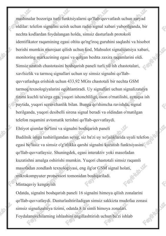qolgan beshta zaxira raqamlarini oldi. simsiz uzatish chastotasini boshqarish paneli turli xil ish chastotalari, xavfsizlik va tarmoq signallari uchun uy simsiz signalni qo'llab-quvvatlashga erishish uchun 433,92 mgts chastotali bir nechta gsm tarmoq texnologiyalarini ogohlantiradi. uy signallari uchun signalizatsiya tizimi kuchli ta'sirga ega, yuqori ishonchliligi, oson o'rnatilishi, ayniqsa ish paytida, yuqori sezuvchanlik bilan. bunga qo'shimcha ravishda, signal berilganda, yuqori desibelli sirena signal beradi va oldindan o'rnatilgan telefon raqamini avtomatik terishni qo'llab-quvvatlaydi. ehtiyot qismlar bo'limi va signalni boshqarish paneli budilnik ishga tushirilgandan so'ng, siz ba'zi uy xo'jaliklarida uyali telefon egasi bo'lasiz va simsiz o'g'irlikka qarshi signalni kuzatish funktsiyasini qo'llab-quvvatlaysiz. shuningdek, egasi interaktiv yoki masofadan kuzatishni amalga oshirishi mumkin. yuqori chastotali simsiz raqamli masofadan zondlash texnologiyasi, eng ilg'or gsm signal holati, mikrokompyuter protsessori tomonidan boshqariladi. mintaqaviy kengayish odatda, signalni boshqarish paneli 16 signalni himoya qilish zonalarini qo'llab-quvvatlaydi. dasturlashtiriladigan simsiz sakkizta mudofaa zonasi simsiz signalizatsiya tizimi, odatda 8 ta simli himoya zonalari. foydalanuvchilarning ishlashini …
