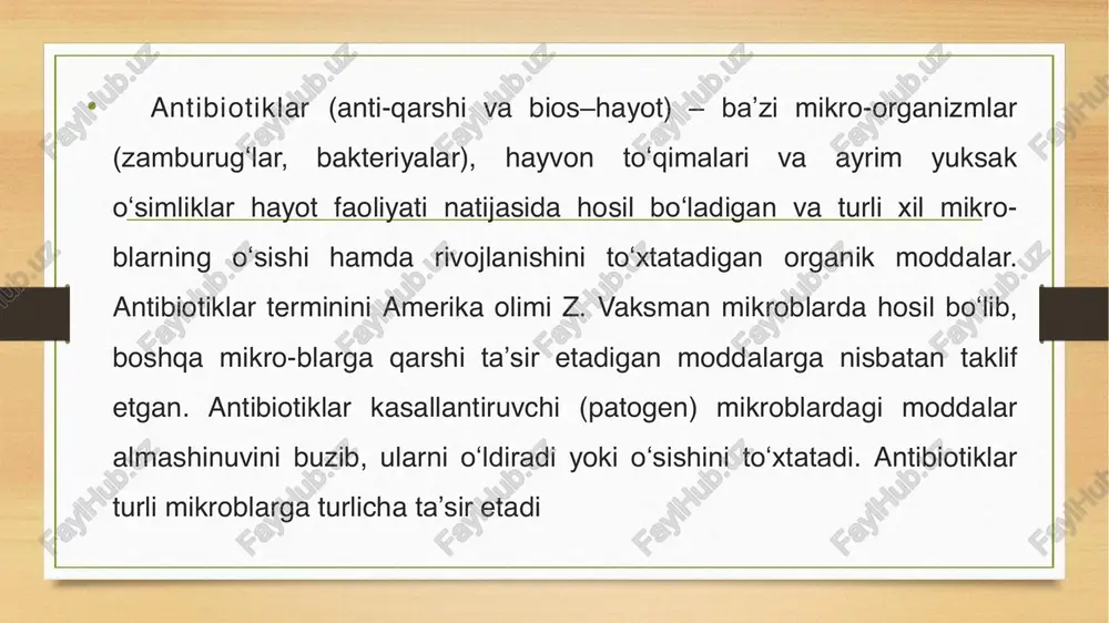 r, zotiljam, ich terlama, toshmali terlama, vabo, sil kabi turli yukumli kasalliklarni davolash va oddini olish uchun kuchli vositadir. ular ayniqsa nafas yoʻllari, me’da, ichak, siydik yoʻli va jinsiy a’zolar kasalliklarini davolashda yaxshi naf beradi. ba’zi antibiotiklar parranda, choʻchqa va buzoqlar oʻsishini tezlatish, ovqatning oʻzlashtirilishini orttirish maqsadida ularning asosiy ovqatiga qoʻshimcha qilib beriladi. antibiotiklar hujayraga tanlab tormozlovchi ta’sir koʻrsatganidan biokimyoviy jarayonlarning ayrim bosqichlarini, hujayra oʻsishini ta’minlaydigan dnk, rnk, oqsillar va hujayra devori sintezi hamda funksiyasi orasidagi munosabatlarni aniqlashda muhim ahamiyatga ega. ulardan oziq-ovqat sanoatida (konservalash) ham keng foydalaniladi.qishloq xoʻjaligida – oʻsimliklarni zamburugʻli va bakterial kasalliklardan himoya qilish uchun ishlatiladi (qarang mikrobiologik himoya usuli). kasallik qoʻzgʻatuvchilarga ta’sir qilish tarziga qarab antibiotiklar bevosita ta’sir etuvchi antibiotiklar; kasallik qoʻzgʻatuvchilar ajratgan toksinlarni neytrallovchi antibiotiklar; xoʻjayin oʻsimlikka ta’sir etuvchi antibiotiklar; oʻsimlik tanasida yuqori faol moddalarga aylanadigan va oʻsimliklarning kasalliklarga chidamliligini oshiradigan (bilvosita ta’sirga ega) antibiotiklarga boʻlinadi. streptomitsin, terramitsin, digidrostreptomisin, grizeofulvin (grizovin), anizomitsin, omfoterpsin, filitsin va …