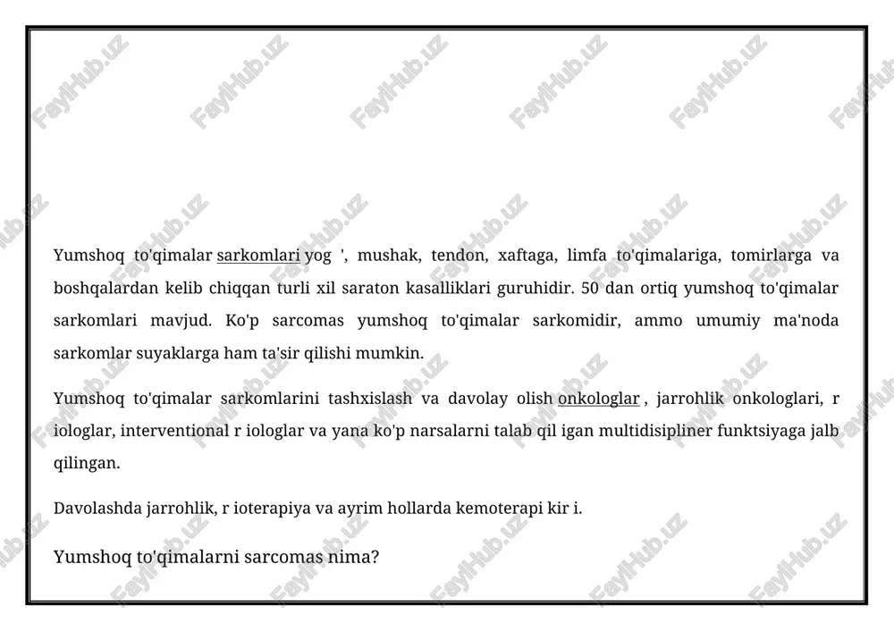 il o'tib, besh yillik yashovchanlik darajasi deb atalgan. yumshoq to'qimalar sarkomasidan, metastazdan yoki tarqalib ketgan o'pk an o'lib qolgan odamlar orasida o'limning eng keng tarqalgan sababi hisoblan i. ta'sirli bemorlarning 80 foizida ushbu hayotiy tahlikali o'pka metastazlari dastlabki tashxisdan keyin ikki yildan uch yilgacha bo'l i. yumshoq to'qimalar sarkomlarining klinik ko'rinishi odatda, yumshoq to'qima sarkomasi simptomlarga olib kelmaydigan massa ko'rin i (ya'ni asemptomatik). ular lipomasga o'xshash yoki benign, yog'dan o'ldirilgan o'latsiz o'smalarga o'xshaydilar. aslida, lipomalar yumshoq to'qimalar sarkomidan 100 barobar tez-tez uchraydi va differentsial tashxisning bir qismi hisoblanishi kerak. boshqacha qilib aytganda, sizning qo'lingizda yoki oyoqingizda joylashgan teri sumkasi yumshoq to'qima sarkomasidan ko'ra yaxshi xulqli lipoma bo'lishi mumkin. qo'l va oyoqlarda yumshoq to'qima sarkomlarining uchdan ikki qismi paydo bo'l i. qolgan uchdan bir qismi esa bosh, qorin, magistral, bo'yin va retroperitoneumda paydo bo'l i. retroperitoneum qorin old devorining orqasida, buyrak va oshqozon osti bezi va shuningdek, aortaning pastki qismida va …