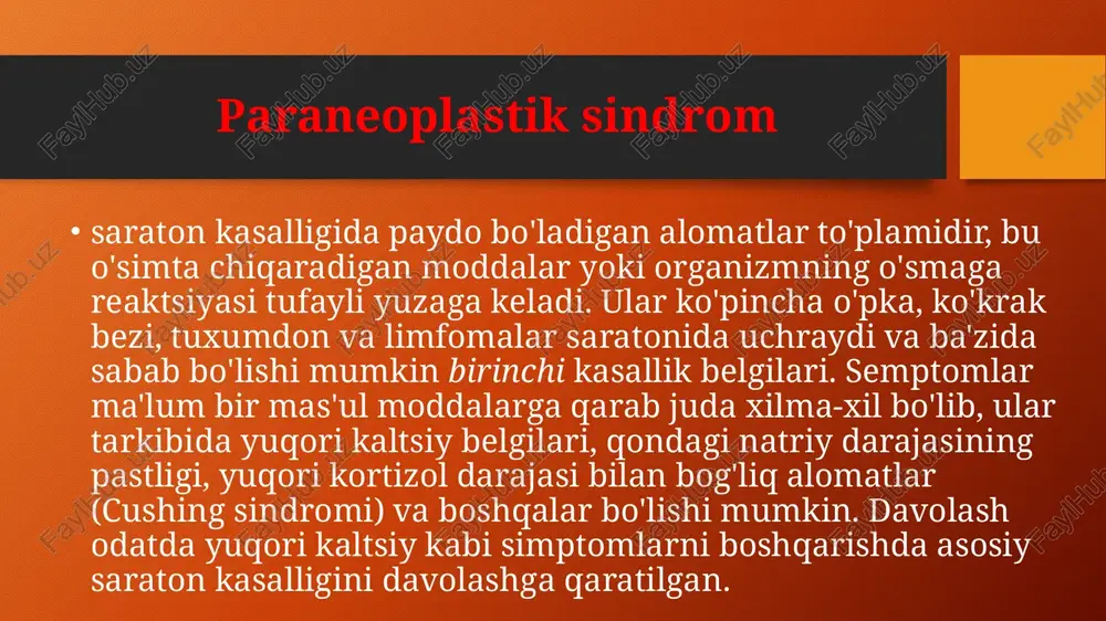 attaligi yoki metastazlarning mavjudligi bilan bog'liq emas va o'sma tashxisi qo'yilgunga qadar va hatto shish olib tashlanganidan keyin ham paydo bo'lishi mumkin. saraton kasalligida paraneoplastik sindromlar umumiy paraneoplastik sindromlar o'pka saratoni bilan bog'liq bo'lgan bir nechta paraneoplastik alomatlar mavjud, ammo eng ko'p uchraydigan ikkitasi giperkalsemiya va siadh ni o'z ichiga oladi. giperkalsemiya paraneoplastik sindrom sifatida giperkalsemiya ko'pincha o'pkaning skuamoz hujayrali karsinomasida, kichik hujayrali bo'lmagan o'pka saratonida uchraydi.giperkalsemiya qonda kaltsiyning yuqori darajasiga ishora qiladi. o'pka saratoni bilan giperkalsemiya paratiroid gormoni deb nomlanuvchi gormon va ortiqcha suyak tarkibida saraton kasalligi tufayli suyak parchalanishi natijasida ajralib chiqadigan saratonning birikmasidan kelib chiqishi mumkin. alomatlar chanqash, mushaklarning kuchsizligi, ishtahani yo'qotish, tartibsizlik, qorin og'rig'i va depressiyani o'z ichiga olishi mumkin. giperkalsemiyani davolashning eng yaxshi usuli bu saraton kasalligini o'zi davolashdir, ammo odamlarda etarli miqdordagi suyuqlik olishiga ishonch hosil qilish alomatlar uchun ham juda muhimdir, chunki bu sindrom ko'pincha buyrakka jiddiy zarar etkazadi. giperkalsemiya og'ir bo'lsa, boshqa …