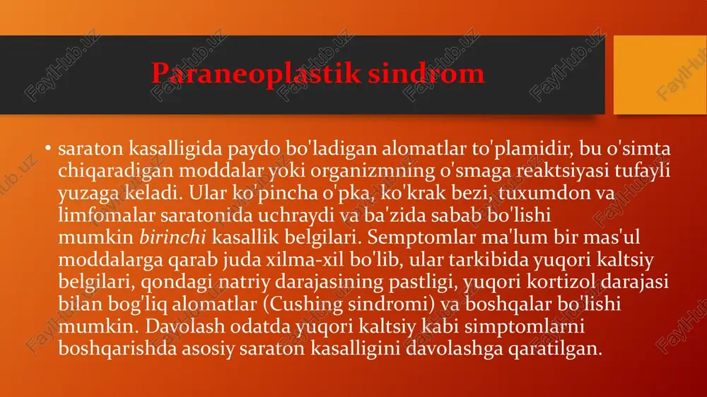 odda sog'lom hujayralarga zarar etkazganda, bu otoimmun javobning bir shakli hisoblanadi. • paraneoplastik sindromlar o'smaning kattaligi yoki metastazlarning mavjudligi bilan bog'liq emas va o'sma tashxisi qo'yilgunga qadar va hatto shish olib tashlanganidan keyin ham paydo bo'lishi mumkin. saraton kasalligida paraneoplastik sindromlar umumiy paraneoplastik sindromlar •o'pka saratoni bilan bog'liq bo'lgan bir nechta paraneoplastik alomatlar mavjud, ammo eng ko'p uchraydigan ikkitasi giperkalsemiya va siadh ni o'z ichiga oladi. giperkalsemiya • paraneoplastik sindrom sifatida giperkalsemiya ko'pincha o'pkaning skuamoz hujayrali karsinomasida, kichik hujayrali bo'lmagan o'pka saratonida uchraydi.giperkalsemiya qonda kaltsiyning yuqori darajasiga ishora qiladi. o'pka saratoni bilan giperkalsemiya paratiroid gormoni deb nomlanuvchi gormon va ortiqcha suyak tarkibida saraton kasalligi tufayli suyak parchalanishi natijasida ajralib chiqadigan saratonning birikmasidan kelib chiqishi mumkin. • alomatlar chanqash, mushaklarning kuchsizligi, ishtahani yo'qotish, tartibsizlik, qorin og'rig'i va depressiyani o'z ichiga olishi mumkin. giperkalsemiyani davolashning eng yaxshi usuli bu saraton kasalligini o'zi davolashdir, ammo odamlarda etarli miqdordagi suyuqlik olishiga ishonch hosil qilish …