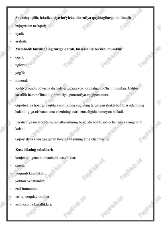 ga olib keladi. gipostatrua - yoshga qarab bo'y va vaznning teng etishmasligi. kasallikning sabablari: · konjenital genetik metabolik kasalliklar; · stress; · yuqumli kasalliklar; · yomon ovqatlanish; · zaif immunitet; · tashqi noqulay omillar; · xromosoma kasalliklari; · uzoq muddatli ro'za tutish; · ortiqcha ovqatlanish; · somatik kasalliklar; · oshqozon-ichak trakti bilan bog'liq muammolar. semptomlar distrofiya belgilari uning zo'ravonligi va shakliga qarab paydo bo'ladi. kasallikning umumiy belgilari orasida ishtahaning yo'qolishi, haddan tashqari qo'zg'aluvchanlik, yomon uyqu, charchoq, zaiflik, vazn yo'qotish va bolalarda o'sishning kechikishi kiradi. davolash distrofiyani mustaqil ravishda davolash tavsiya etilmaydi; buni faqat yuqori malakali mutaxassis qilish kerak. klinikamiz shifokorlari ushbu kasallikni davolashga kasallikning og‘irligiga qarab kompleks tarzda yondashadilar. agar distrofiya ikkilamchi bo'lsa, unda asosiy e'tibor distrofiyaga sabab bo'lgan kasallikni aniqlash va davolashga qaratilgan. aks holda, ikkilamchi infektsiyalarning oldini olish amalga oshiriladi va parhez terapiyasi buyuriladi. bolani kasallikdan himoya qilish uchun kelajakdagi ona birinchi navbatda uning sog'lig'ini kuzatishi va yomon …