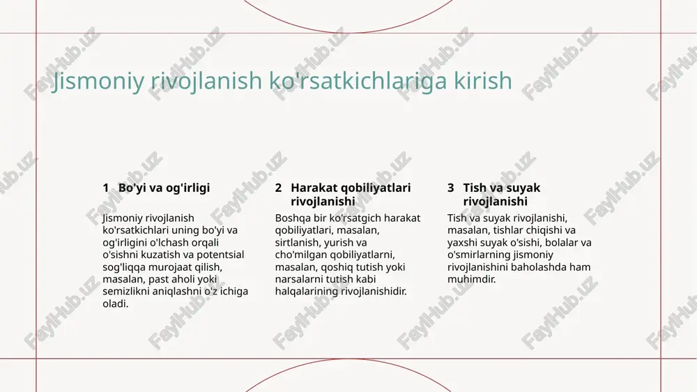 i kuzatish bolalar jismoniy rivojlanishining o'sishini tushunishga yordam beradi. bolalar va o'smirlarning shaxsiy gigiyenasi muhimligi 1 umumiy sog'liqni va yaxshi ko'rinishni oshirish bolalar va o'smirlarga shaxsiy gigiyenaning muhimligini o'rgatish, kasalliklarning kuchayishini kamaytiradi va umumiy sog'liqni va yaxshi ko'rinishni oshiradi. 2 o'ziga ishonch yaratish va ijtimoiy ko'nikmalar rivojlanishi yaxshi shaxsiy gigiyena marosimi, masalan, doimiy hamomilash va tishni oshirish, o'ziga ishonch yaratadi va bolalar va o'smirlarning ijtimoiy ko'nikmalarini rivojlanishiga yordam beradi. 3 infektsiyalar tarqalishini oldini olish qo'llab-quvvatlash, masalan, qo'llarni doimiy yuvish, bolalar va o'smirlar o'rtasida o'qish va jamiyatda infektsiyalar tarqalishini oldini olishga yordam beradi. tushunchali rivojlanish ko'rsatkichlari va o'lchovlar 1 2 3 rivojlanish ko'rsatkichlarini tushuntirish rivojlanishni baholash uchun foizlar foydalanish regular o'lchovlarning ahamiyati rivojlanish ko'rsatkichlari bolaning bo'yi, og'irligi va bosh doirasi ni kuzatib boradi, ularni uning yosh va jinsiga mos keladigan oddiy oraliqlarga solishtiradi. rivojlanish ko'rsatkichlarida foizlar, bola o'lchovlari boshqa o'rtacha yosh va jinsdagi boshqa bolalarga qaraganda qayerda joylashganligini ko'rsatadi. rivojlanish ko'rsatkichlarida …