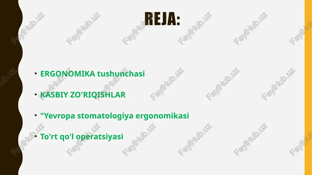 avfsizlik texnikasi qonun qoidalariga rioya qilib ishlash kerak. elektr toki urishining oldini olish kerak: bormashinalarni erga tutashtirish kerak. xullas, hamma vaqt shoshilmasdan, extiyot bo‘lib ishlash kerak. o‘zaro, bemorlar bilan qo‘pollik bo‘lishiga yo‘l qo‘ymaslik kerak. "til yarasi tig‘ yarasidan yomondir" deydi xalqimiz. "xushmuomalalik eng arzon va eng qadrlidir" degan edi servents. ko'pchilik tish shifokorlari kasbiy zo'riqishlardan aziyat chekishadi "yevropa stomatologiya ergonomikasi jamiyati" ma'lumotlariga ko'ra, barcha stomatologlarning qariyb 65 foizi mushaklar-skelet sistemasidan shikoyatlarga ega, ammo ular quyidagilardan biri yoki bir nechtasini o'z ichiga oladi: noqulaylik, og'riq, faoliyatni cheklash va ish vaqtini yo'qotish. nogironlik xavfi katta. buning sababi shundaki, tish shifokorlari ko'pincha statik nosog'lom postlarda ishlaydi - ba'zi hollarda hatto birliklar ko'rinmaydigan va qo'li yetmaydigan joyda ishlaydi. an'anaviy ravishda birlik asboblari kafedraning "chap tomoniga" joylashtirilgan: birlik asbobga erishish uchun amaliyotchi davolash joyidan uzoqqa qarashi va tanani burishi kerak bunda amaliyotchi asosiy ish joyidan qo'llarini siljitishi kerak natijada, davolanishga e'tibor qayta-qayta buziladi ko'zlar doimiy …