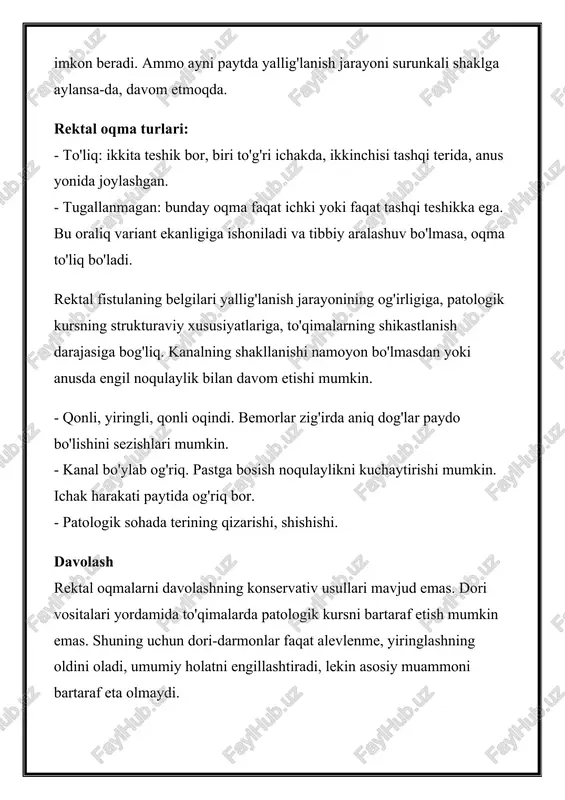 - tizimli va mahalliy antibiotiklar; - davolashni tezlashtirish uchun mahalliy preparatlar; - ichak faoliyatini tartibga soluvchi dorilar. quyidagi operatsiyalar turlari eng keng tarqalgan: - zondda eksizyon. shifokor probni qo'llanma sifatida ishlatadi, bu esa bir-biriga yaqin joylashgan sog'lom to'qimalarning shikastlanishini kamaytiradi. - chiziqlarni ochish va drenajlash bilan kanalni olib tashlash. bunday holda, shifokor yiringli tarkibga ega bo'lgan cho'ntaklarning tekshiruvini o'tkazadi. - sfinkterni tikish bilan kesish. ushbu turdagi aralashuv sfinkter shikastlanganda talab qilinadi. paraproktit – to‘g‘ri ichak yoki anal teshigi atrofida joylashgan yog‘ to‘qimalarining nospetsifik yiringli yallig‘lanish jarayonidir. xalq orasida 0,5 % odamlarda uchraydi, mehnatga layoqatli yoshli insonlar orasida, turli ma’lumotlarga ko‘ra, 6,1-22,4 % uchraydi. o‘tkir paraproktitda yiringli bo‘shliq ochilib ichki teshik bartaraf qilinmagan hollarda, keyinchalik shu bemorlarning 50-100 % ida to‘g‘ri ichak oqmalari shakllanadi. to‘g‘ri ichak oqmalari bo‘yicha operatsiyadan keyin 15-30 % bemorlarda kasallik qaytalanadi va 5-33 % bemorlarda anal sfinkter yetishmovchiligi kuzatiladi. o’tkir paraproktitni boshdan kechirish oqibatida rivojlanadi va to’g’ri …