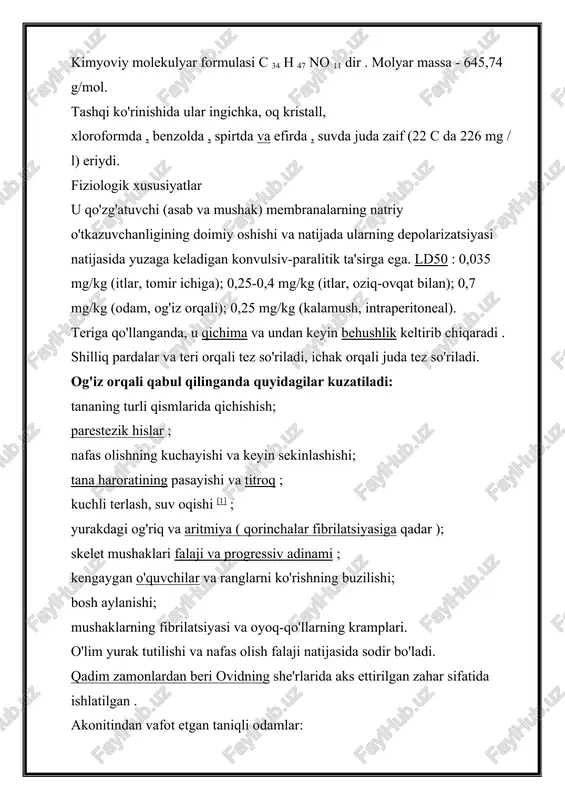ladi: tananing turli qismlarida qichishish; parestezik hislar ; nafas olishning kuchayishi va keyin sekinlashishi; tana haroratining pasayishi va titroq ; kuchli terlash, suv oqishi [1] ; yurakdagi og'riq va aritmiya ( qorinchalar fibrilatsiyasiga qadar ); skelet mushaklari falaji va progressiv adinami ; kengaygan o'quvchilar va ranglarni ko'rishning buzilishi; bosh aylanishi; mushaklarning fibrilatsiyasi va oyoq-qo'llarning kramplari. o'lim yurak tutilishi va nafas olish falaji natijasida sodir bo'ladi. qadim zamonlardan beri ovidning she'rlarida aks ettirilgan zahar sifatida ishlatilgan . akonitindan vafot etgan taniqli odamlar: rufus bush - qasddan zaharlanish. abdel hakim amer - o'z joniga qasd qilish [2] . akonitin mayranovskiy boshchiligidagi nkvd zahar laboratoriyasi tomonidan mahbuslar ustida sinovdan o'tkazildi . 1944 yil yanvar oyida minsk viloyatida nemis razvedka xizmatlari tomonidan hibsga olingan sovet agentidan akonitin o'rnatilgan o'qlari bo'lgan 7,65 mm to'pponcha patronlari musodara qilindi [3] . hayvonlar ustida o'tkazilgan tajribalarda akonitin bilan zaharlanishda lappakonitin gidrobromidning antidot ta'siri aniqlandi [4] . huquqiy holat …