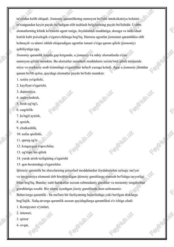 di.natijada bu moddani iste'mol qilgan sari yoshlar bora bora mukkasidan ketadi. giyohvandlikning uchta asosiy turi mavjud: aqliy, jismoniy va ijtimoiy. so'nggi paytlarda xulq-atvorga qaramlik, ya'ni faoliyatga qaramlik haqida ham gap ketmoqda. ruhiy qaramlik - bu giyohvand moddalarning kuchli, tez hissiy qoniqishlarga sabab bo'lishiga asoslanadi. ushbu turdagi giyohvandlik iste'mol qilinadigan modda, uni qabul mejdunarodniy nauchniy jurnal №9(100), chast 1 «novosti obrazovaniya: issledovaniev xxi veke» aprelya, 2023g qiluvchi shaxs va o'zaro ta'sir sodir bo'lgan kontekst o'rtasidagi o'zaro ta'sir natijasida paydo bo'ladi. jismoniy (fiziologik) qaramlik - agentning organizmdagi metabolik jarayonlarga ta'siridan kelib chiqadi. jismoniy qaramlikning namoyon bo'lishi intoksikatsiya holatini to'xtatgandan keyin paydo bo'ladigan olib tashlash belgilarining paydo bo'lishidir. ushbu alomatlarning klinik ko'rinishi agent turiga, foydalanish muddatiga, dozaga va individual kutish kabi psixologik o'zgaruvchilarga bog'liq. hamma agentlar jismonan qaramlikka olib kelmaydi va ularni ishlab chiqaradigan agentlar tanani o'ziga qaram qilish (jismoniy) qobiliyatiga ega. jismoniy qaramlik haqida gap ketganda, u jismoniy va ruhiy alomatlarda o'zini …