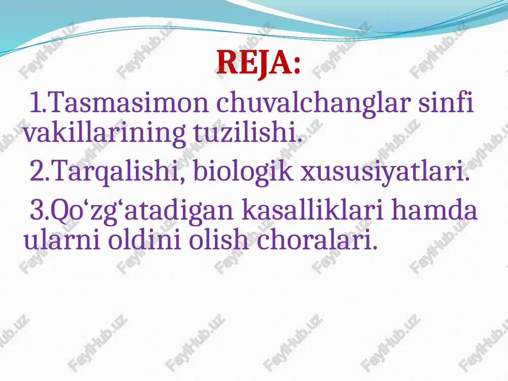 iga chiqmaydi, ikki xo‘jayin ishtirokida rivojlanadi, oraliq xo‘jayini organizmida pufaksimon lichinka paydo bo‘ladi. exinokokk (echinococcus granulosus). mahsuldor hayvonlarga va odamlarga juda katta zarar keltiradigan tasmasimon chuvalchanglardan yana biri exinokokk (echinococcus granulosus) hisoblanadi. voyaga yetgan exinokokkning shakli tasmasimon bo‘lib, uzunligi 2-6 mm atrofida, tanasi skoleks va 3-4 bo‘g‘imdan iborat, skoleksida 4 ta so‘rg‘ichi va xartumi bor. xartumi ikki qator joylashgan, 28 tacha xitinli ilmoqchalar bilan qurollangan. skoleksdan keyingi birinchi va ikkinchi bo‘g‘imlari germafrodit bo‘lib, unda 50 ga yaqin urug‘don, urug‘ tashuvchi naycha, jinsiy bursa, tuxumdon, melis tanachasi va qin joylashgan. oxirgi yetilgan bo‘g‘imi 400–800 ta tuxum bilan to‘lgan bo‘ladi. voyaga yetgan tasmasimon exinokokk it va boshqa go‘shtxo‘r yirtqich hayvonlarning ichagida 6 oy, ba’zan 1 yilgacha yashashi mumkin. exinokokkning yetilgan oxirgi bo‘g‘imlari asosiy xo‘jayini axlati bilan tashqariga chiqariladi va bu bo‘g‘imlar faol harakat qilib, 5-25 sm gacha bo‘lgan masofani bosib o‘tib, yem-xashak hamda boshqa narsalarga o‘z tuxumlarini sochadi. oraliq xo‘jayinlar, ya’ni qo‘y, …